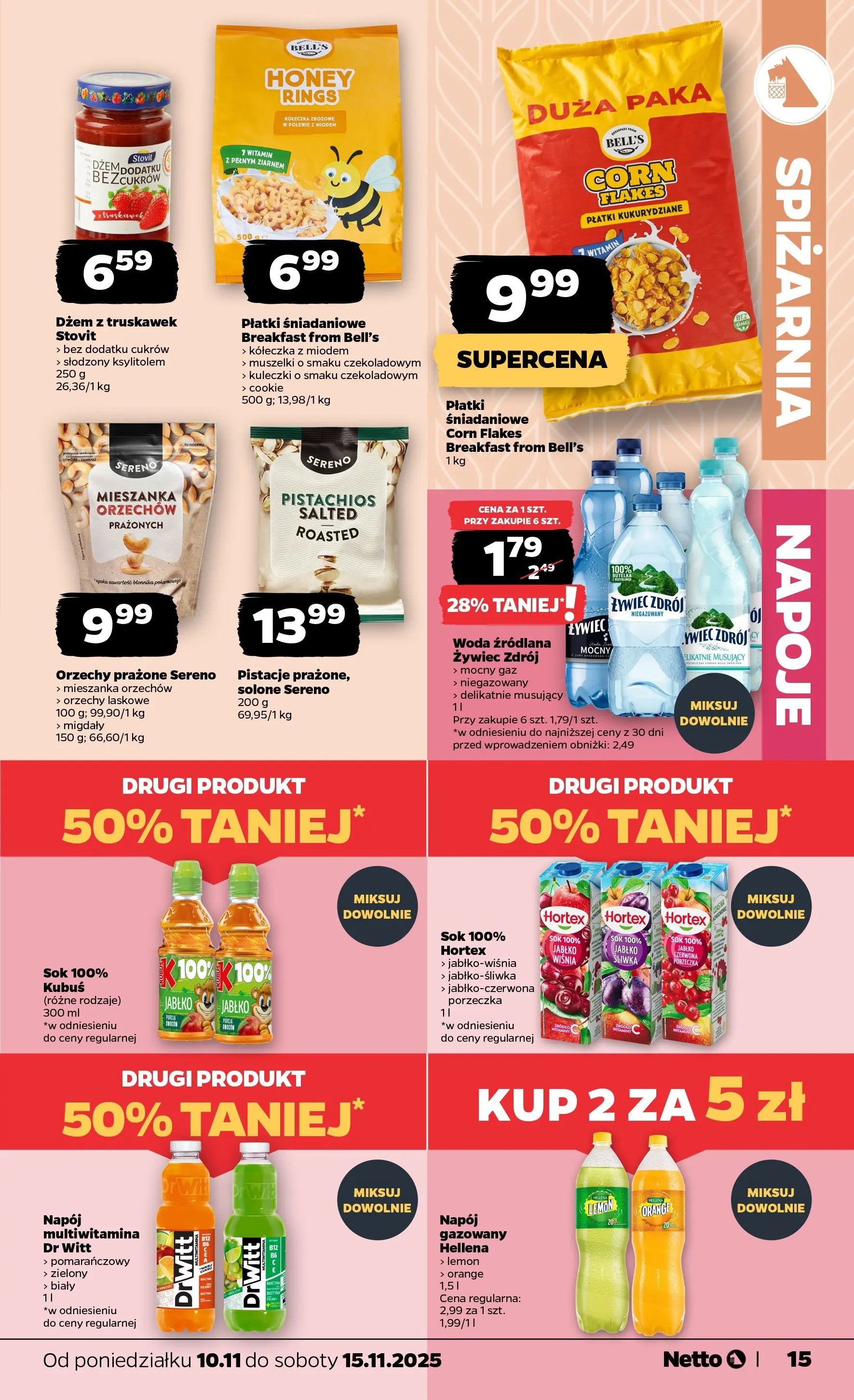 Netto gazetka - Spożywcza od 10.11.2025 - Aktualne promocje | Strona: 15 | Produkty: Woda źródlana, Płatki śniadaniowe, Dżem, Orzechy laskowe