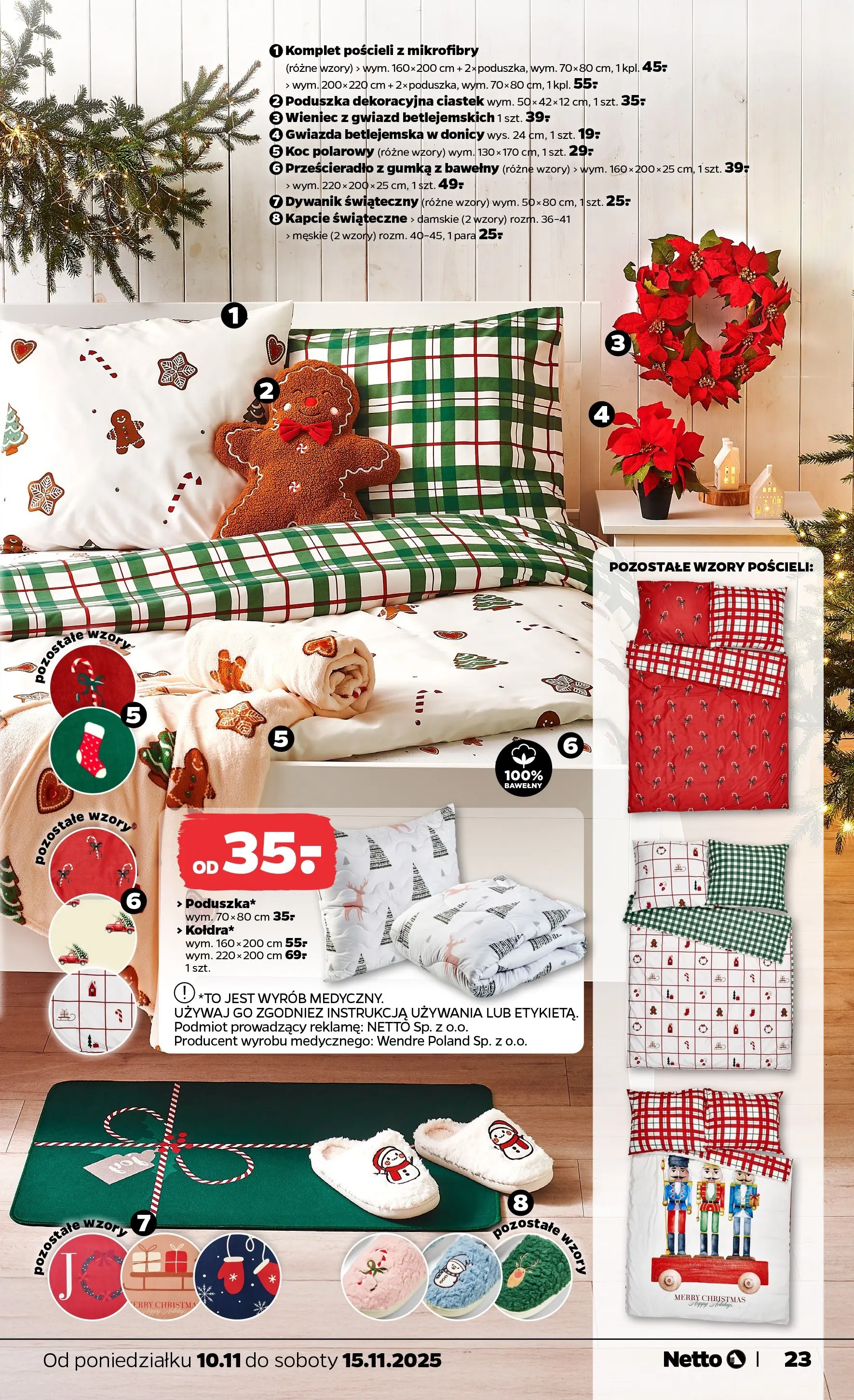 Netto gazetka - Spożywcza od 10.11.2025 - Aktualne promocje | Strona: 31 | Produkty: Kapcie, Wieniec, Poduszka, Koc