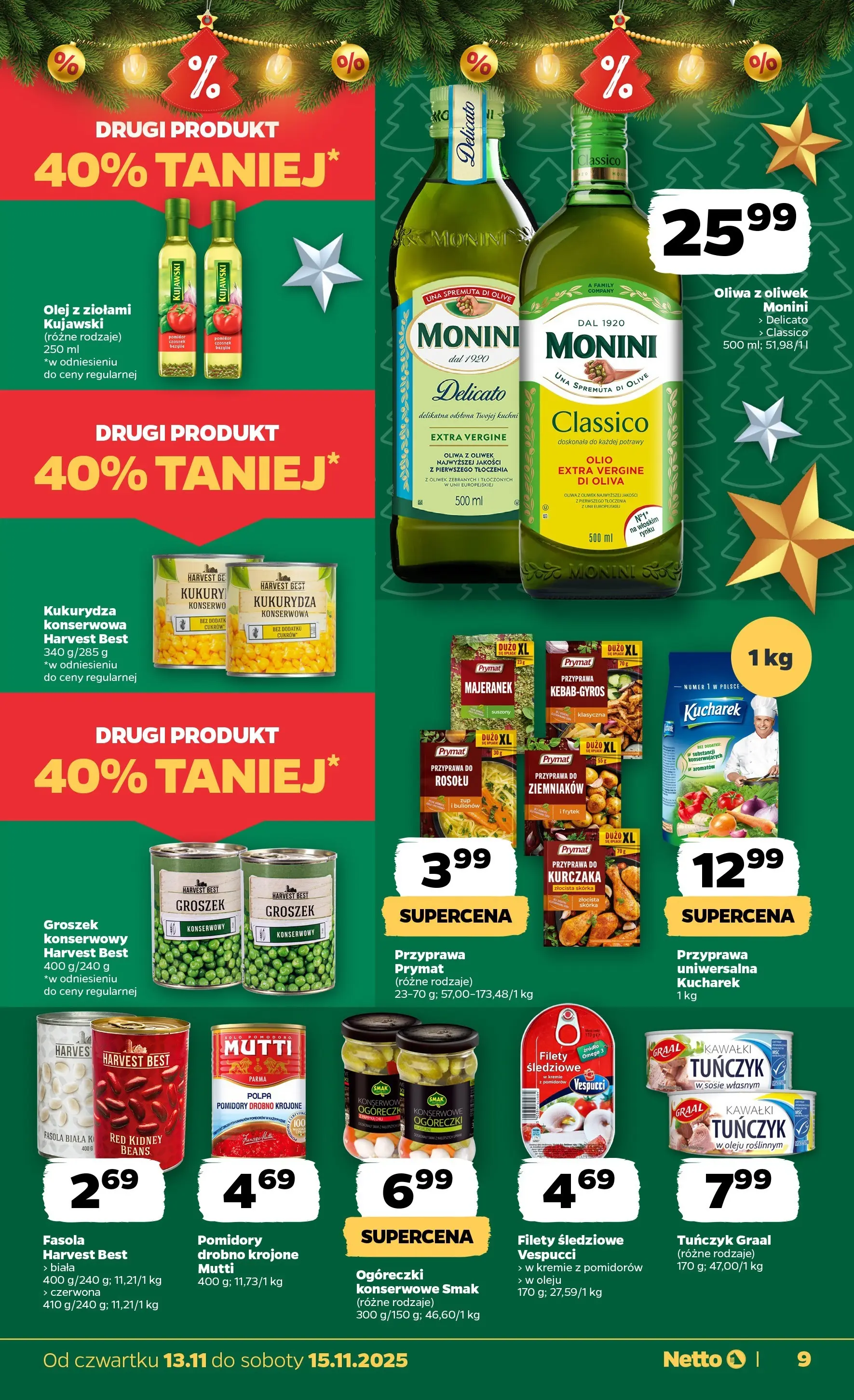 Netto gazetka - Spożywcza od 13.11.2025 - Aktualne promocje | Strona: 9 | Produkty: Oliwa z oliwek, Fasola biała, Groszek konserwowy, Pomidory