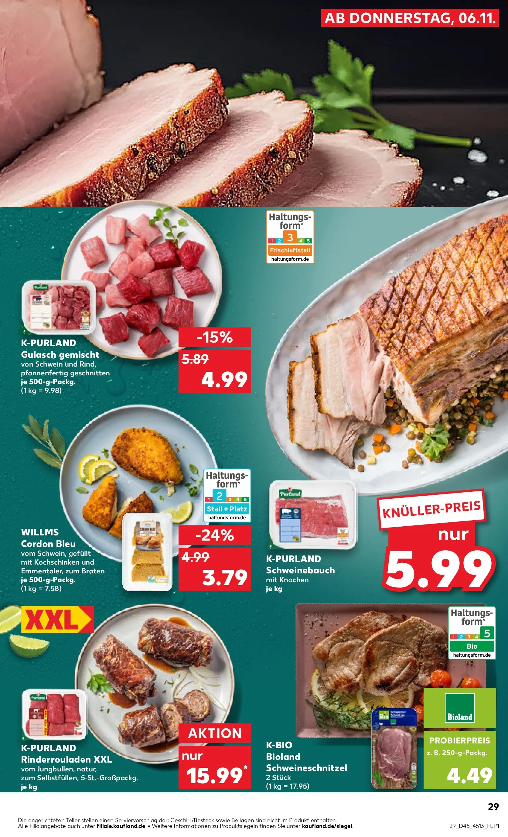 Prospekt Kaufland ab 10.11.2025 » Angebote und Werbung Online | Seite: 29 | Produkte: Rinderrouladen, Schweinebauch, Gulasch Prospekt Kaufland ab 10.11.2025 » Angebote Online zum Blättern | Seite: 29 | Produkte: Rinderrouladen, Schweinebauch, Gulasch