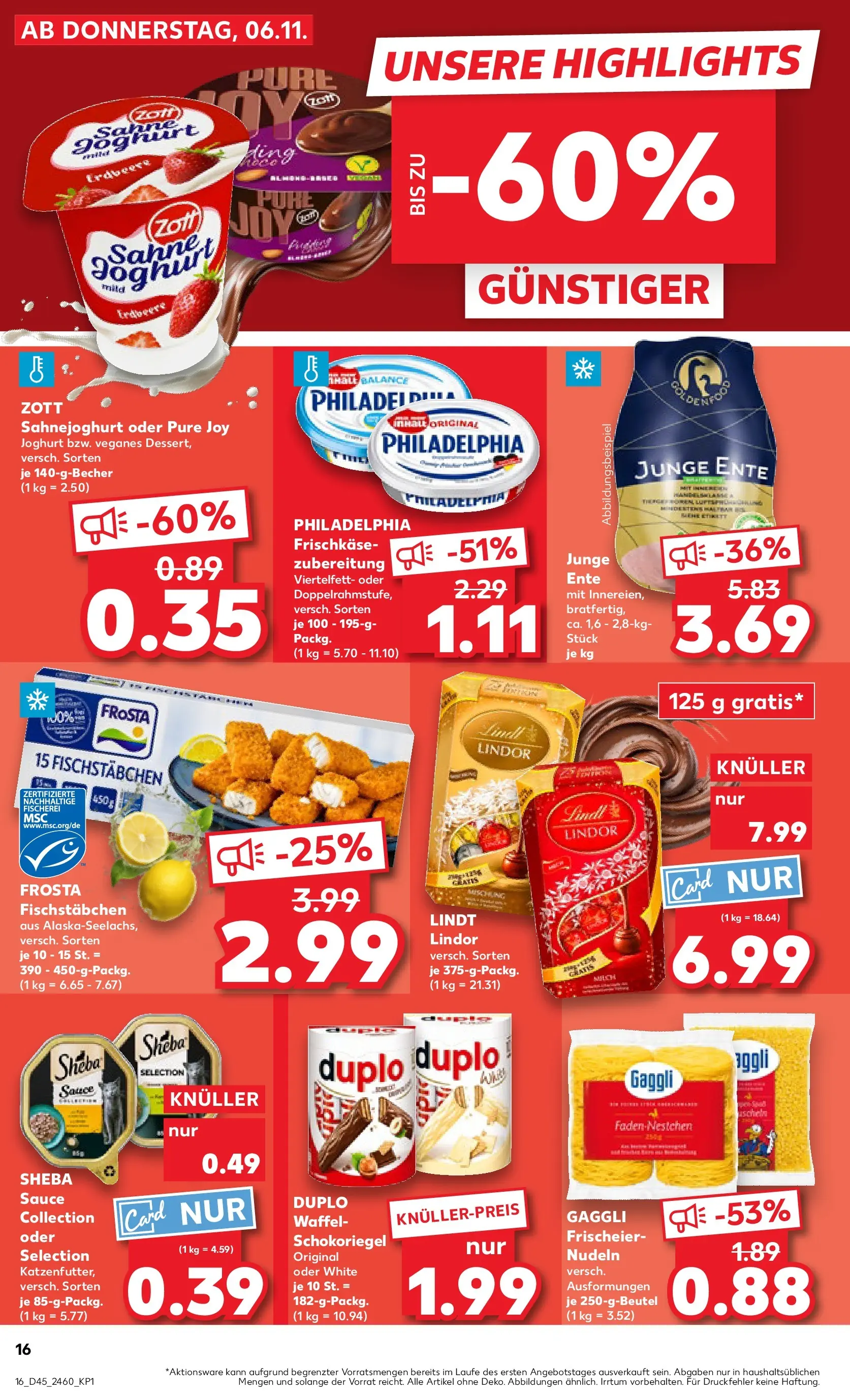 Prospekt Kaufland ab 10.11.2025 » Angebote Online zum Blättern | Seite: 16 | Produkte: Sheba, Philadelphia, Frosta, Pasta