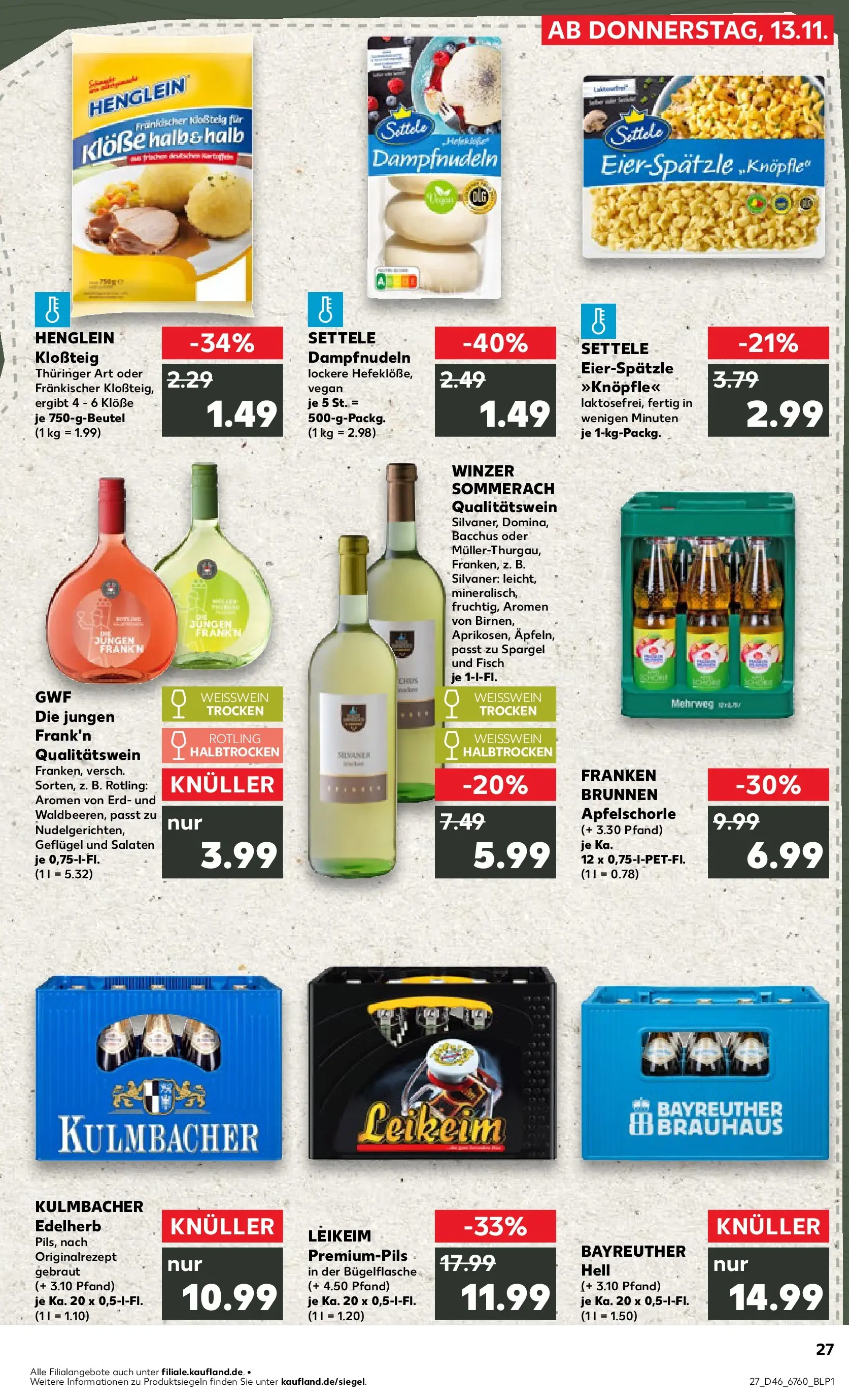 Prospekt Kaufland ab 12.11.2025 » Angebote Online zum Blättern | Seite: 27 | Produkte: Bayreuther hell, Weißwein, Apple, Fisch