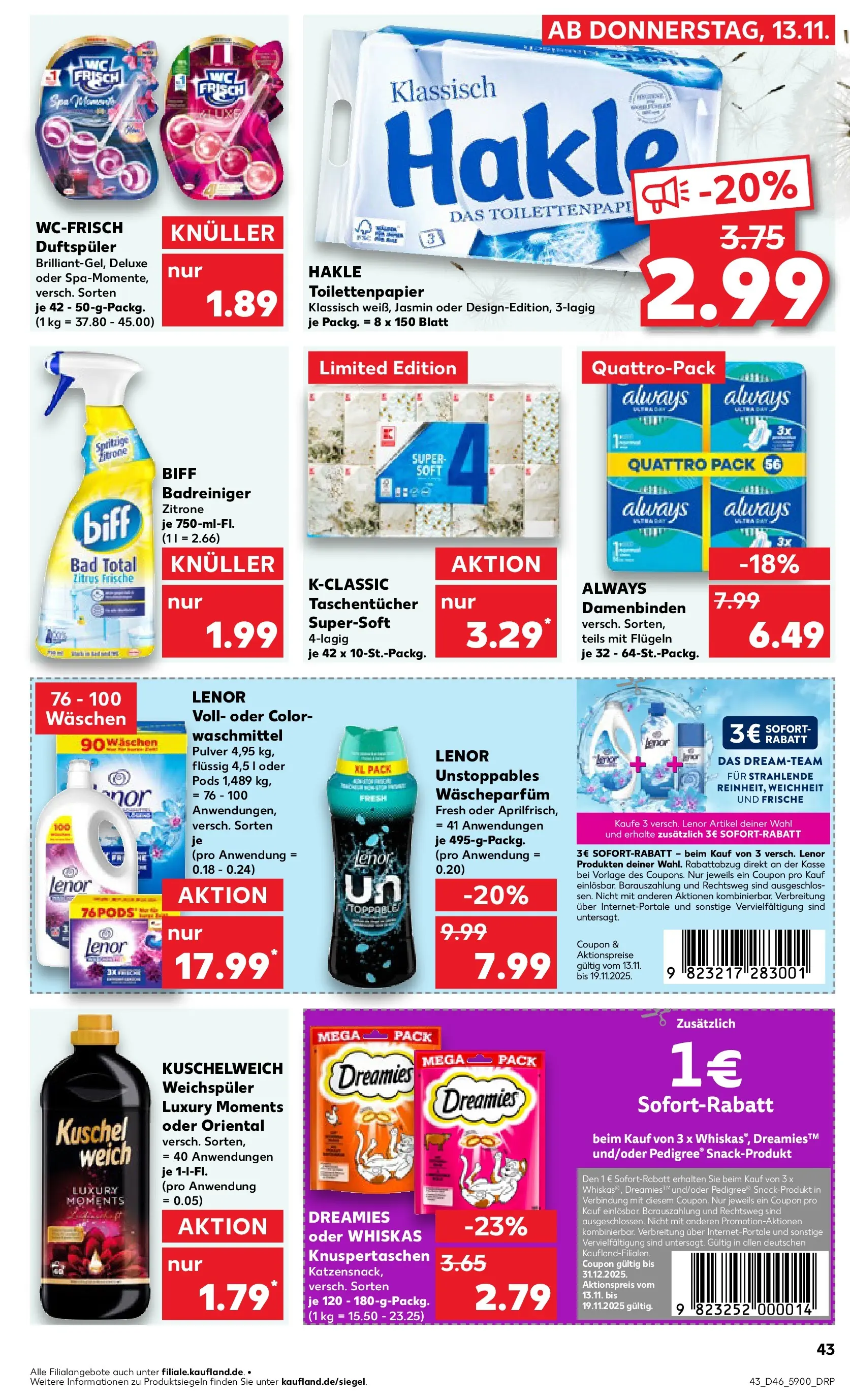 Prospekt Kaufland ab 12.11.2025 » Angebote Online zum Blättern | Seite: 43 | Produkte: Bad, Weichspüler, Zitrone, Toilettenpapier