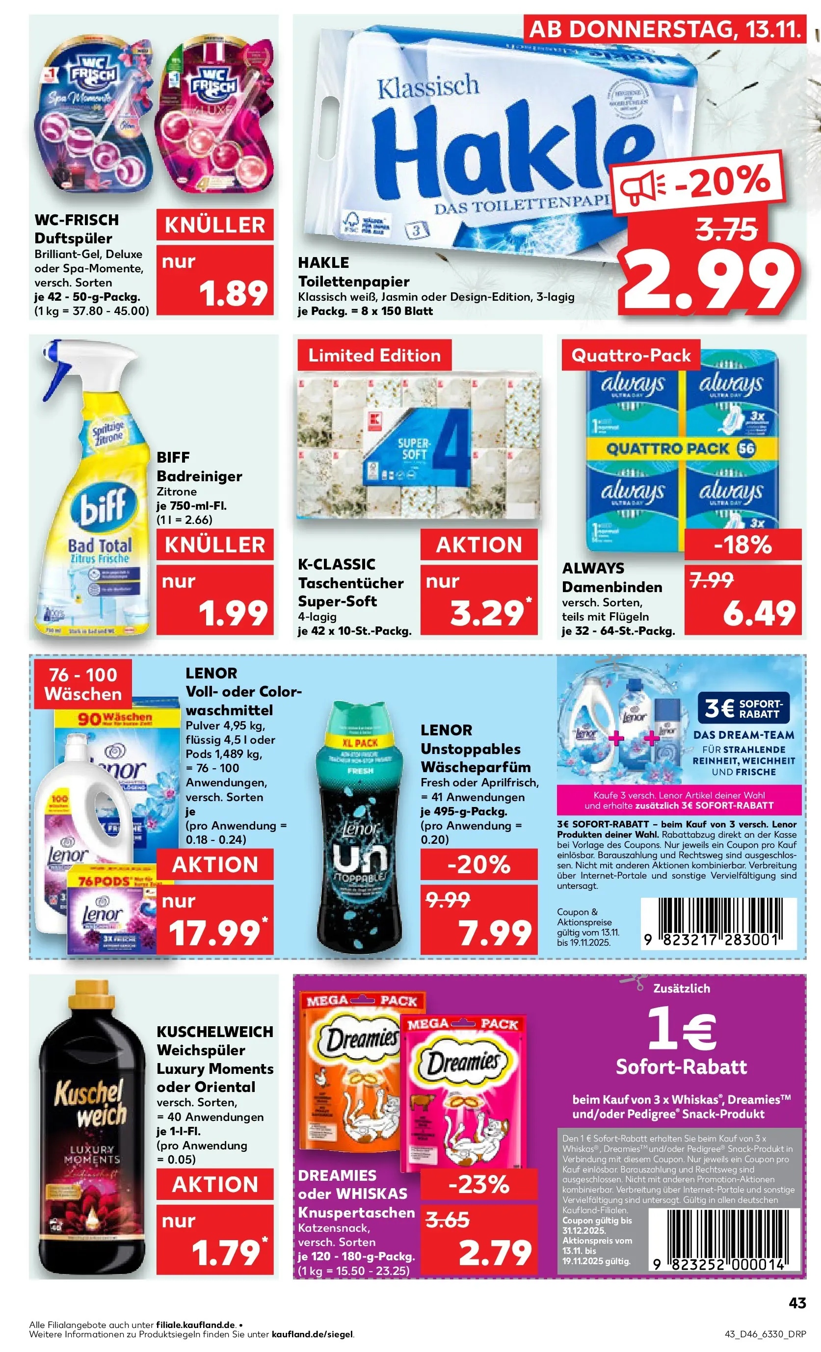 Prospekt Kaufland ab 12.11.2025 » Angebote Online zum Blättern | Seite: 43 | Produkte: Lenor, Kuschelweich, Waschmittel, Zitrone
