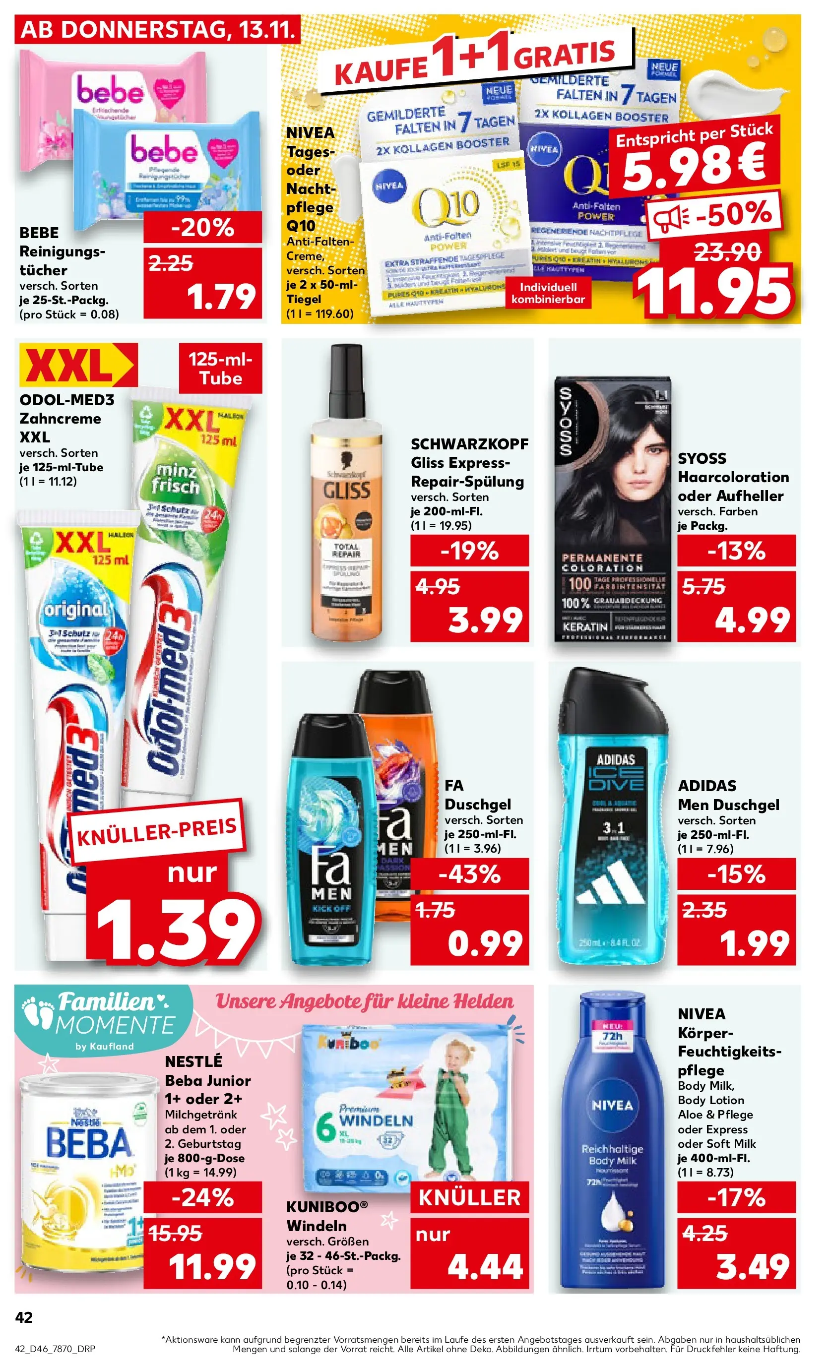 Prospekt Kaufland ab 12.11.2025 » Angebote Online zum Blättern | Seite: 42 | Produkte: Duschgel, Reinigungstücher, Body Lotion, Body Milk