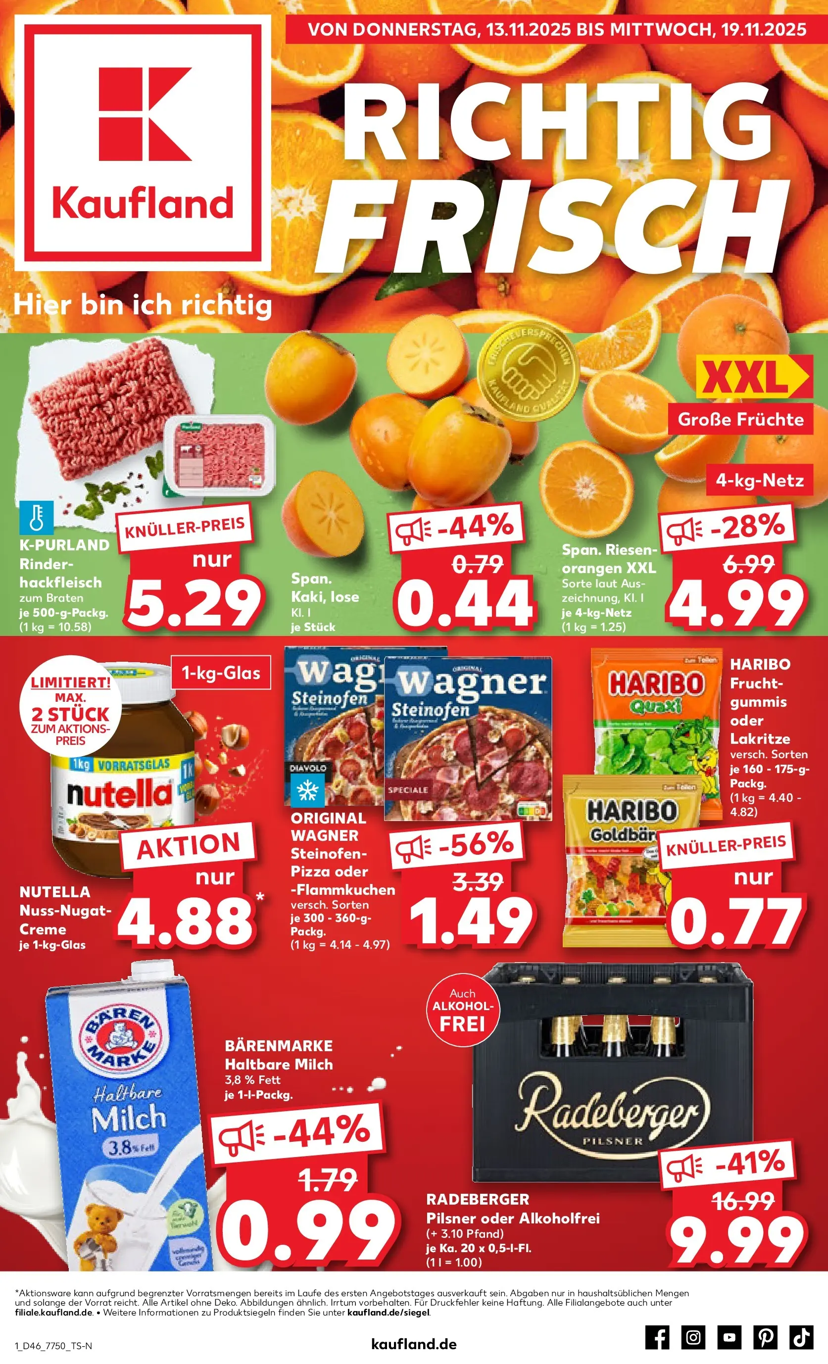 Prospekt Kaufland ab 12.11.2025 » Angebote Online zum Blättern | Seite: 1 | Produkte: Haltbare milch, Nutella, Pizza, Radeberger pilsner