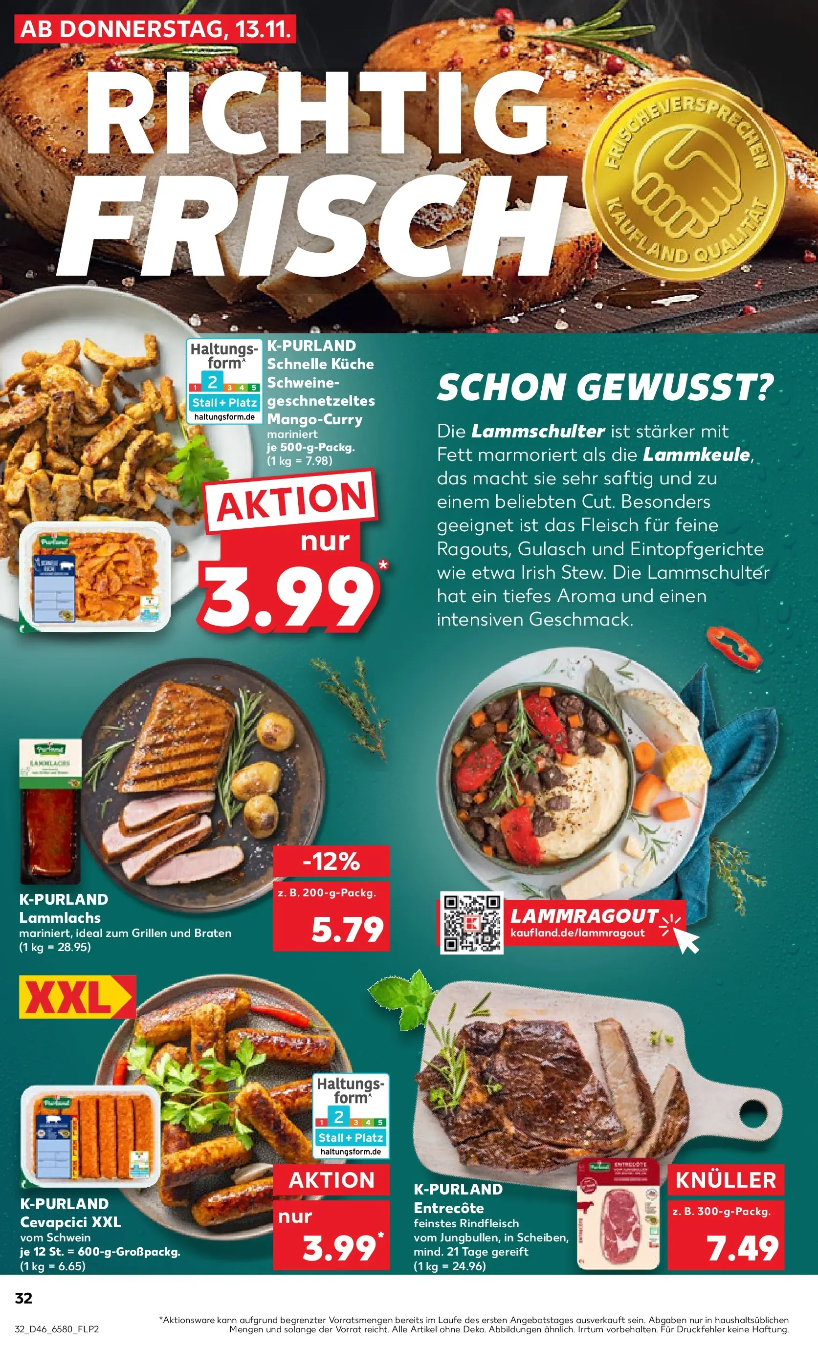 Prospekt Kaufland ab 12.11.2025 » Angebote Online zum Blättern | Seite: 32 | Produkte: Cevapcici, Entrecote, Gulasch, Fleisch