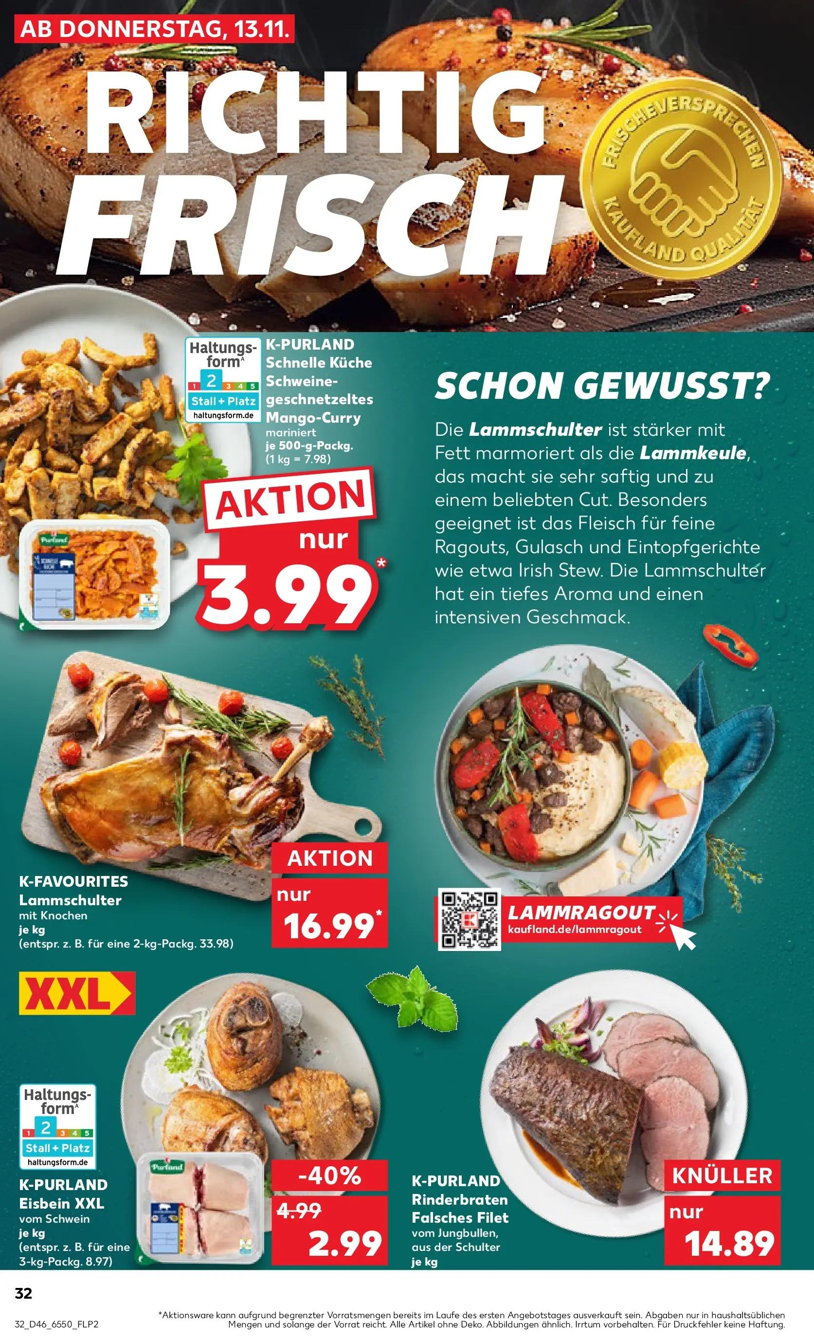 Prospekt Kaufland ab 12.11.2025 » Angebote Online zum Blättern | Seite: 32 | Produkte: Rinderbraten, Küche, Gulasch, Fleisch