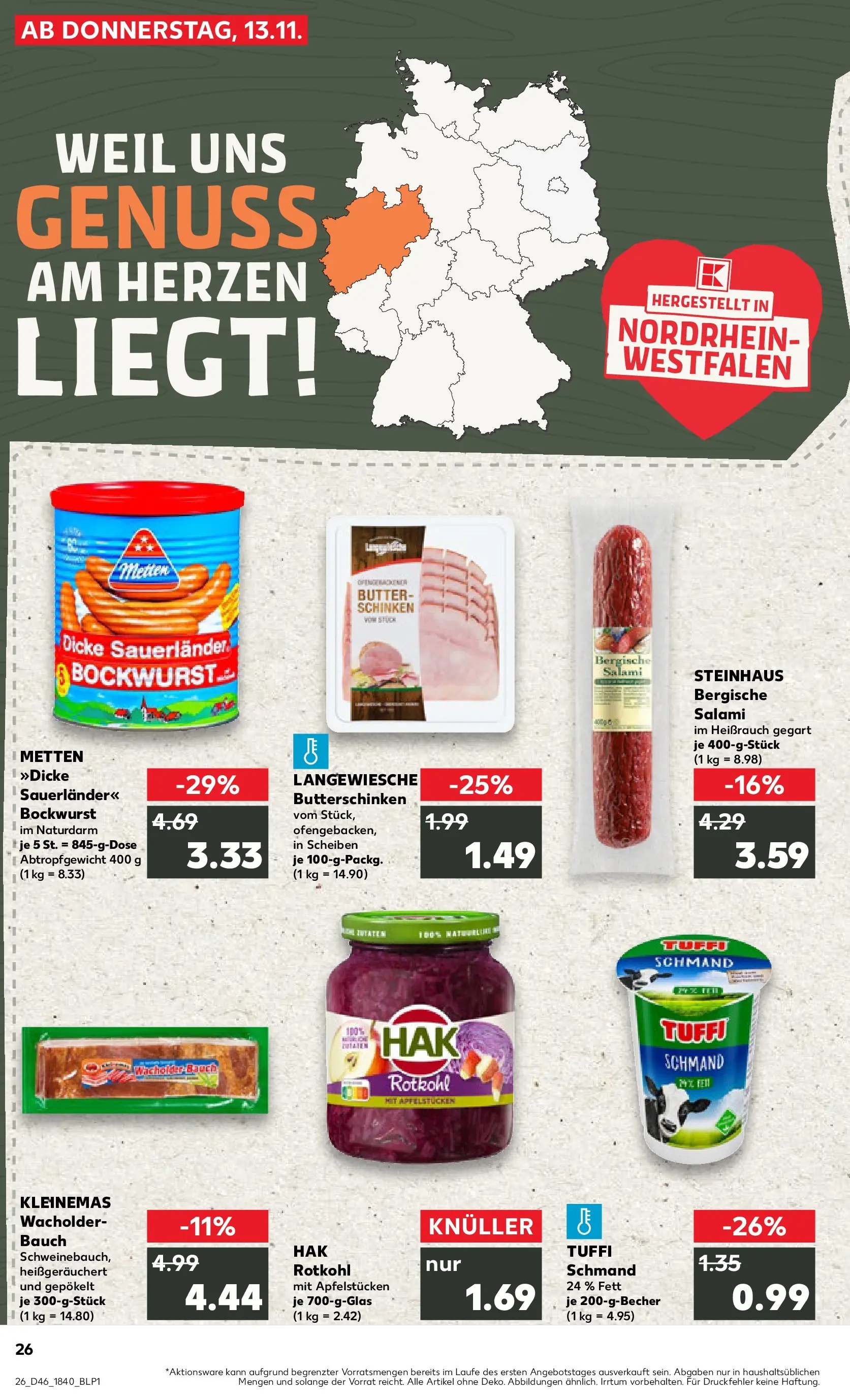 Prospekt Kaufland ab 13.11.2025 » Angebote Online zum Blättern | Seite: 26 | Produkte: Bockwurst, Gewicht, Rotkohl, Schweinebauch