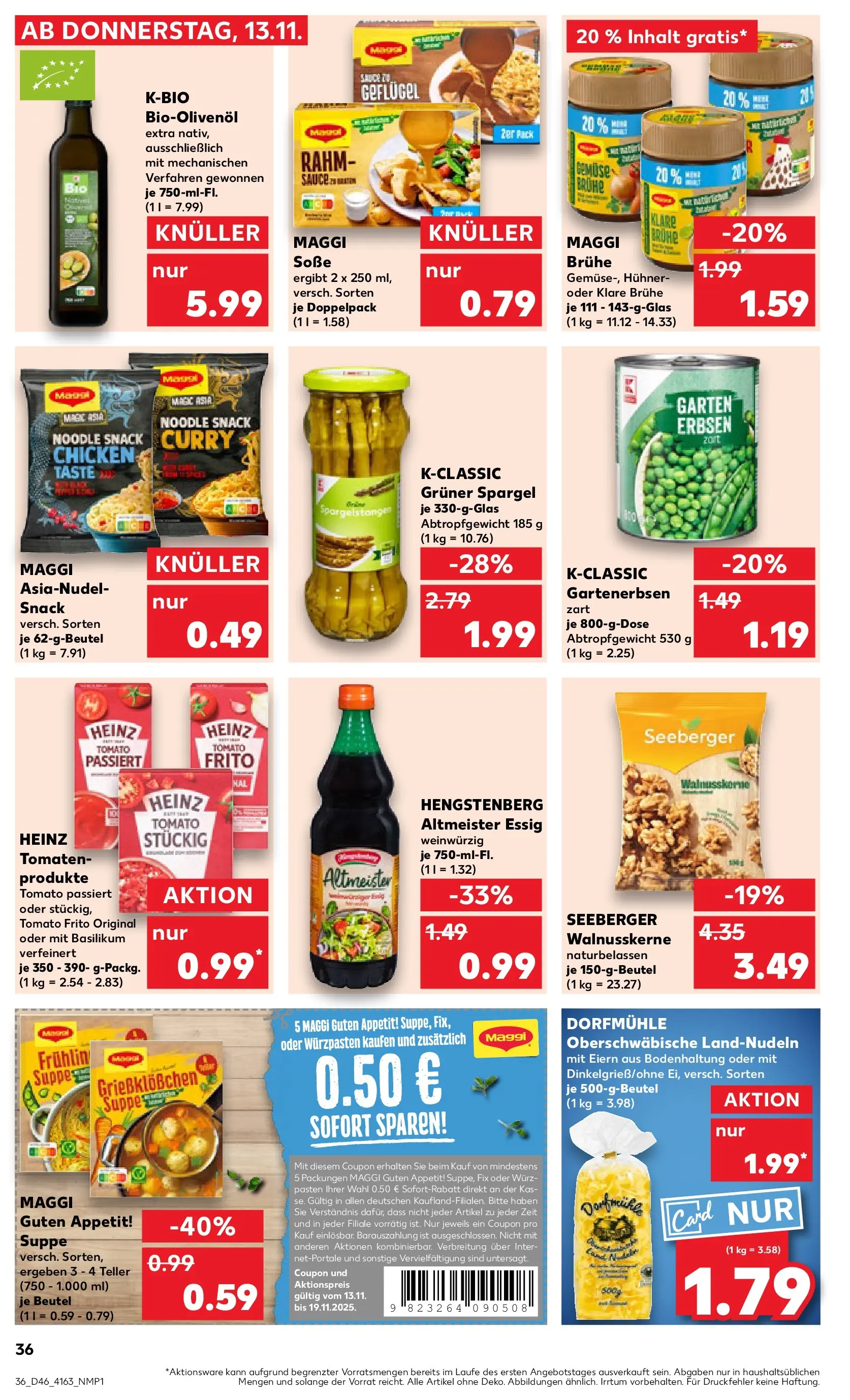 Prospekt Kaufland ab 13.11.2025 » Angebote Online zum Blättern | Seite: 36 | Produkte: Essig, Gemüse, Pasta, Erbsen