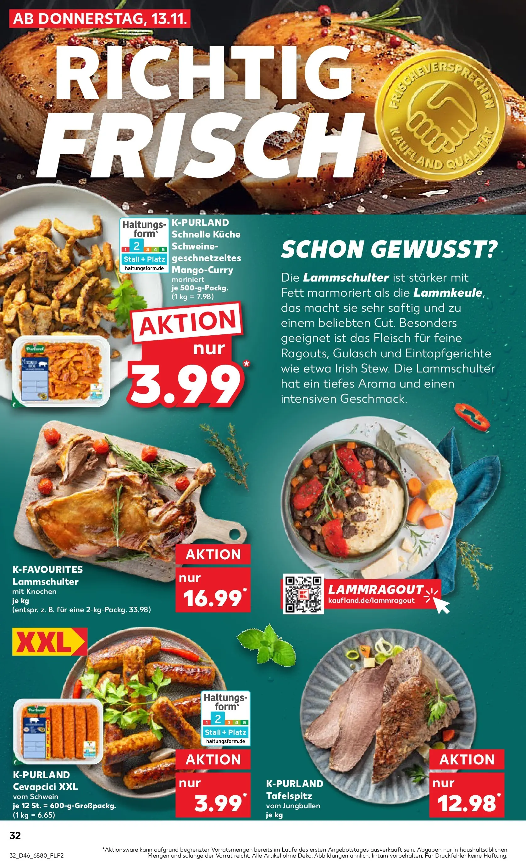 Prospekt Kaufland ab 13.11.2025 » Angebote Online zum Blättern | Seite: 32 | Produkte: Tafelspitz, Cevapcici, Gulasch, Fleisch