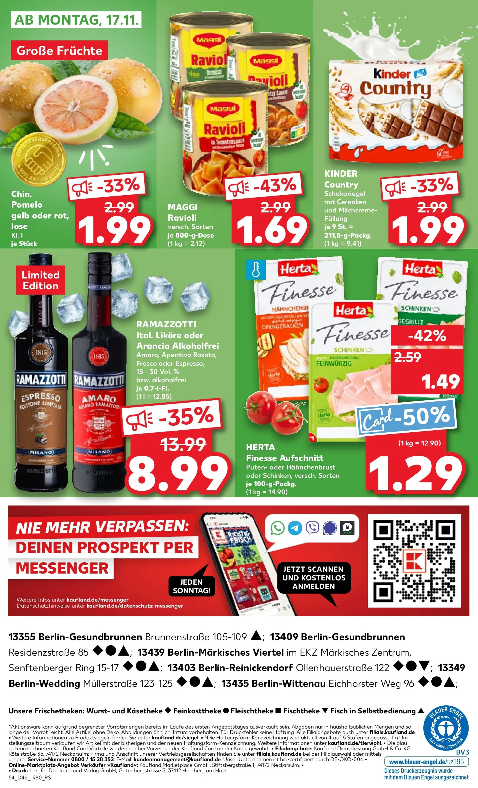 Prospekt Kaufland ab 13.11.2025 » Angebote Online zum Blättern | Seite: 54 | Produkte: Schinken, Ramazzotti, Kinder country, Hahnchenbrust