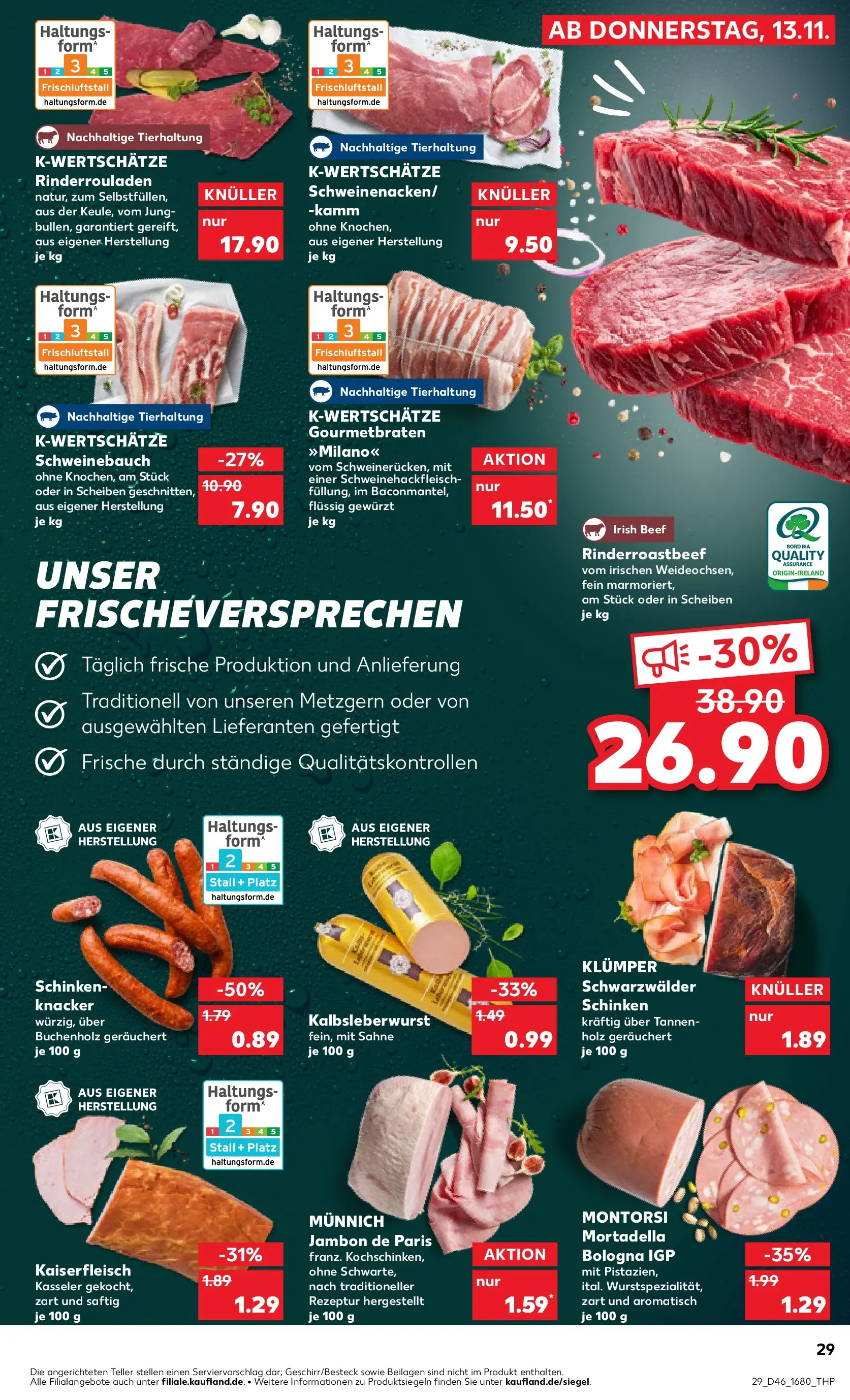 Prospekt Kaufland ab 13.11.2025 » Angebote Online zum Blättern | Seite: 29 | Produkte: Schweinebauch, Roastbeef, Schinken, Sahne