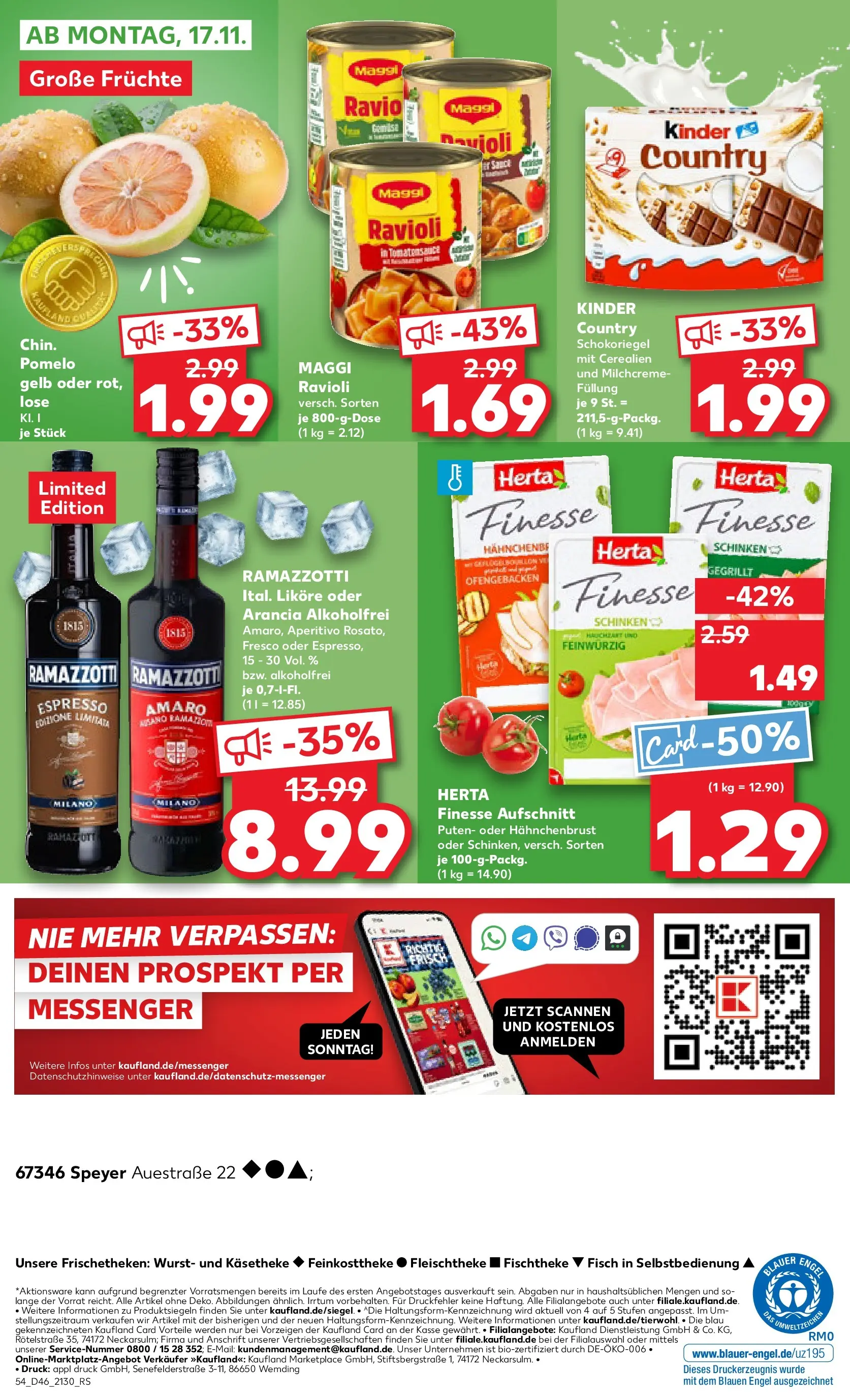 Prospekt Kaufland ab 13.11.2025 » Angebote Online zum Blättern | Seite: 54 | Produkte: Schinken, Ramazzotti, Kinder country, Hahnchenbrust