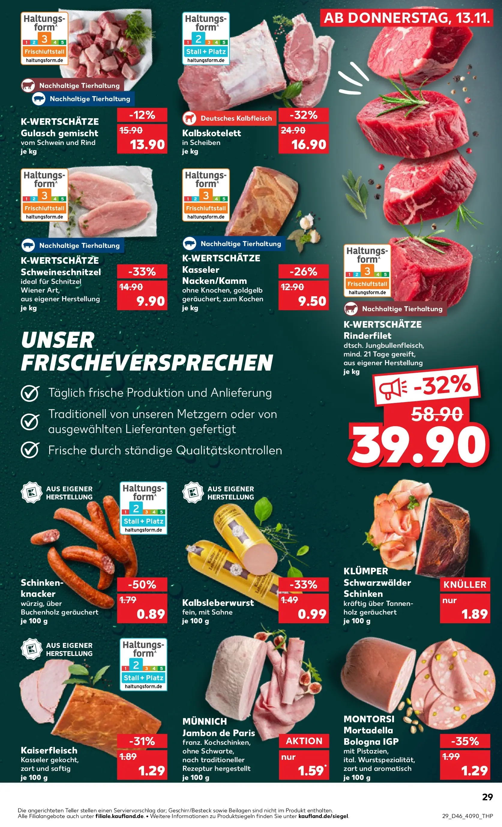 Prospekt Kaufland ab 13.11.2025 » Angebote Online zum Blättern | Seite: 29 | Produkte: Rinderfilet, Schnitzel, Gulasch, Schinken