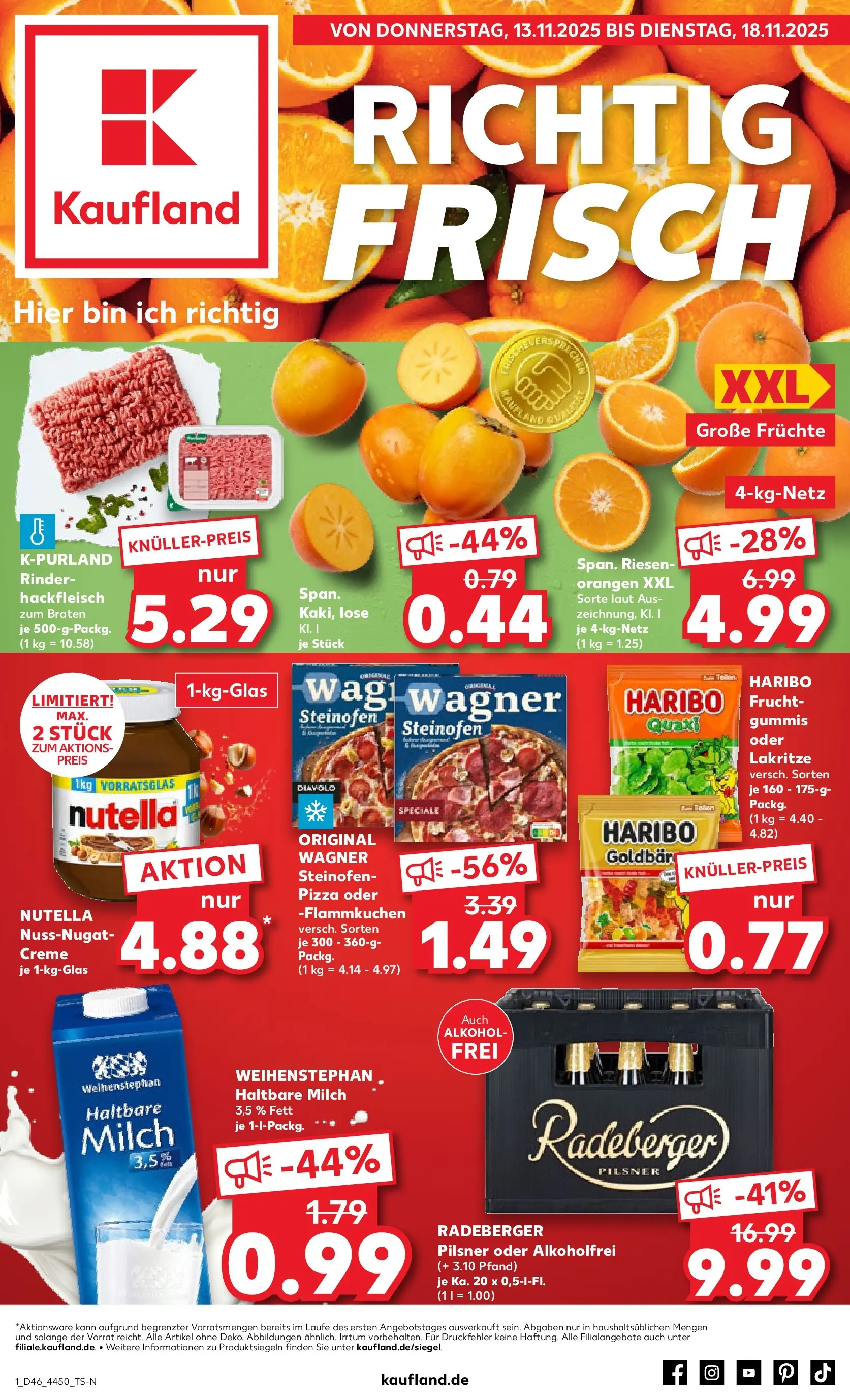 Prospekt Kaufland ab 12.11.2025 » Angebote Online zum Blättern | Seite: 1 | Produkte: Haltbare milch, Orangen, Pizza, Hackfleisch