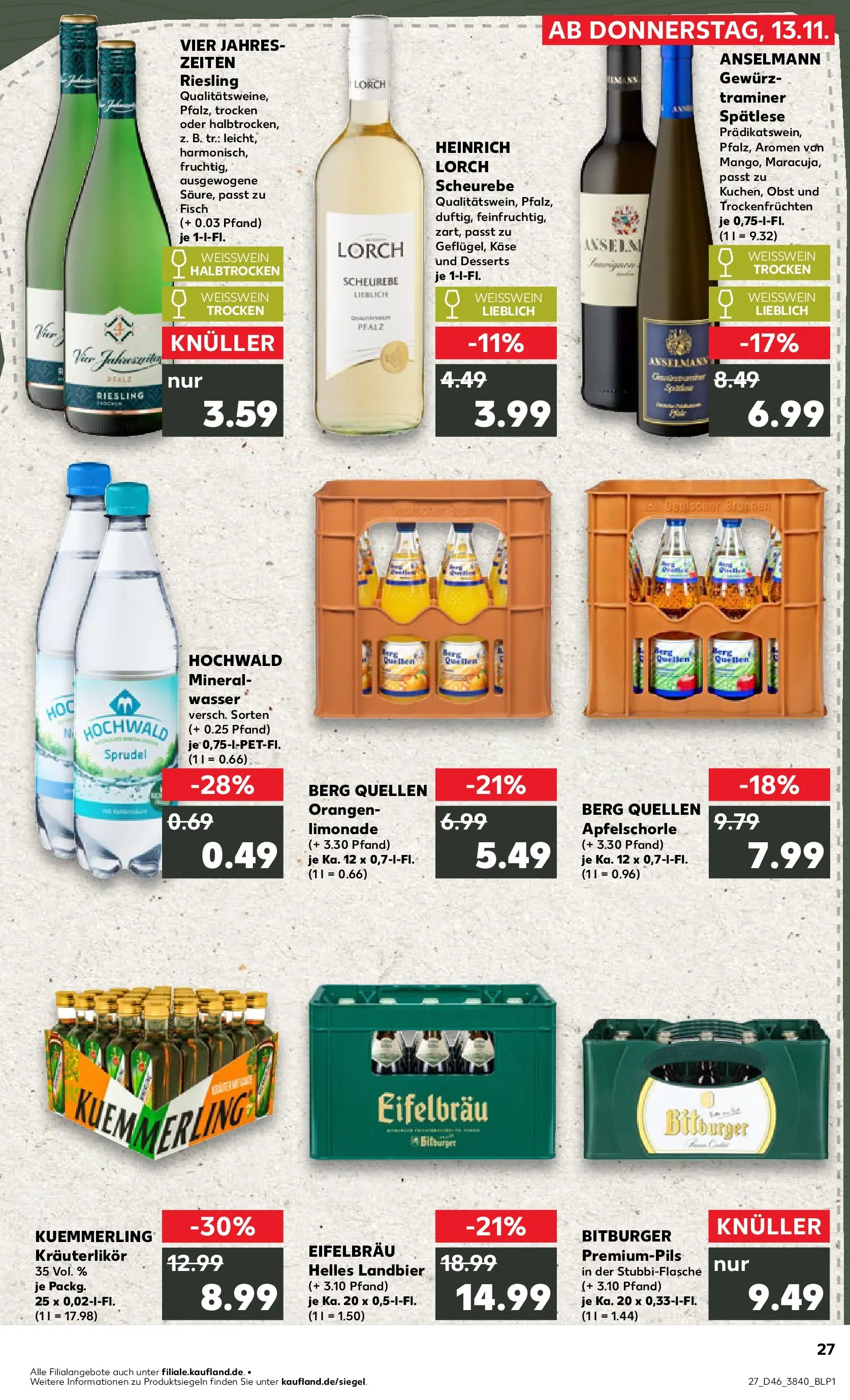 Prospekt Kaufland ab 13.11.2025 » Angebote Online zum Blättern | Seite: 27 | Produkte: Käse, Weißwein halbtrocken, Fisch, Kuemmerling