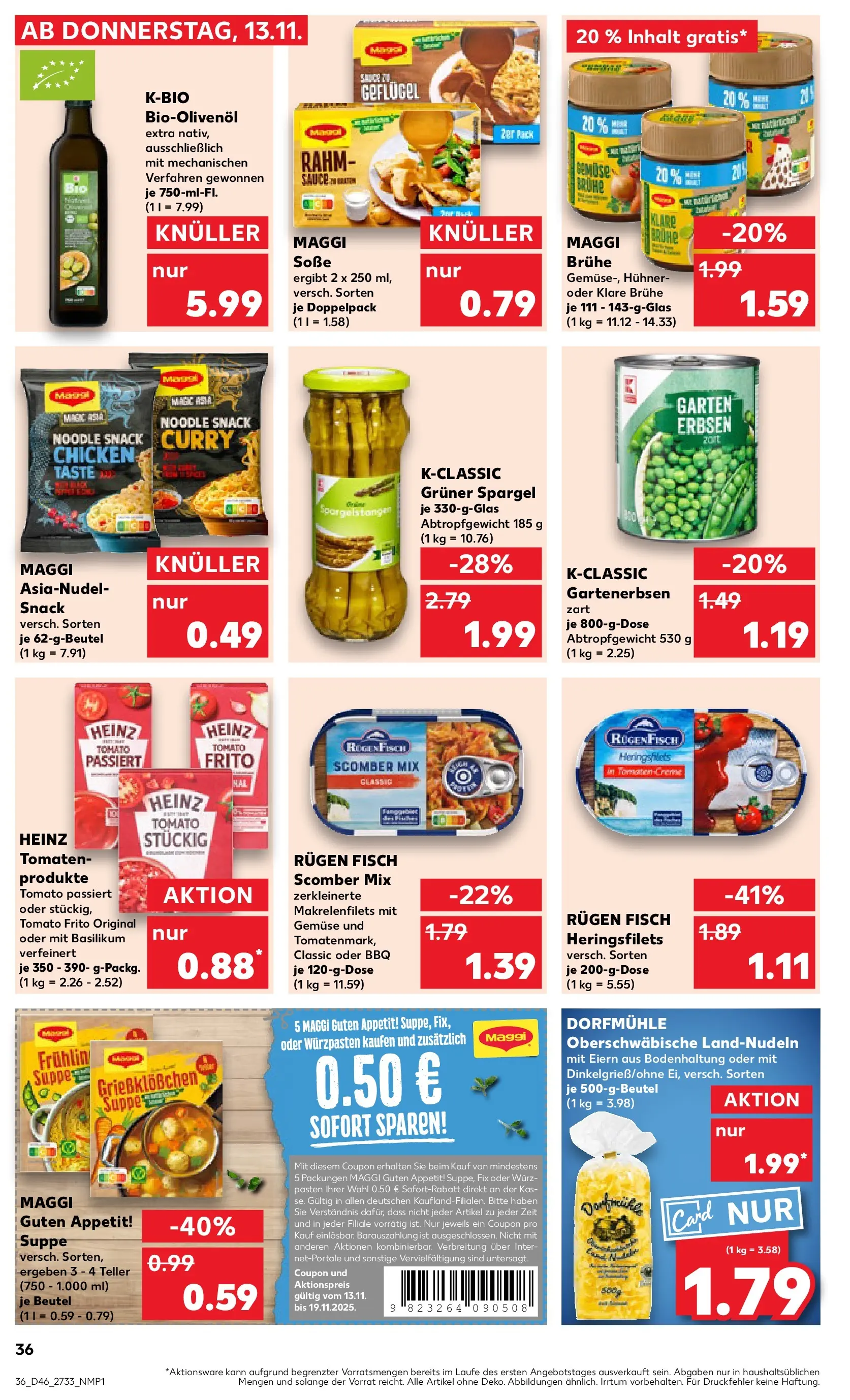 Prospekt Kaufland ab 13.11.2025 » Angebote Online zum Blättern | Seite: 36 | Produkte: Maggi, Tomaten, Fisch, Erbsen