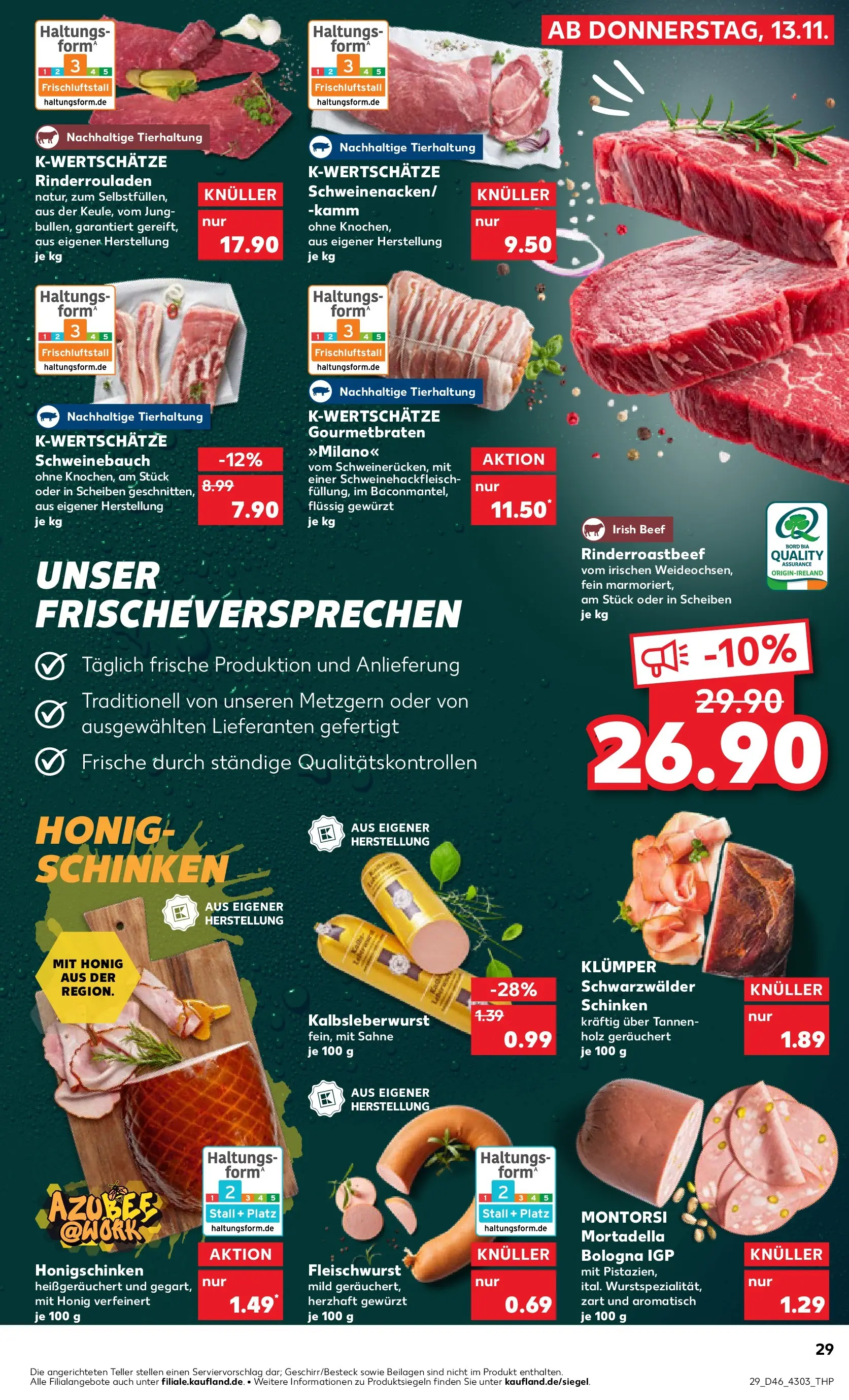 Prospekt Kaufland ab 13.11.2025 » Angebote Online zum Blättern | Seite: 29 | Produkte: Rinderrouladen, Schweinebauch, Schinken, Sahne
