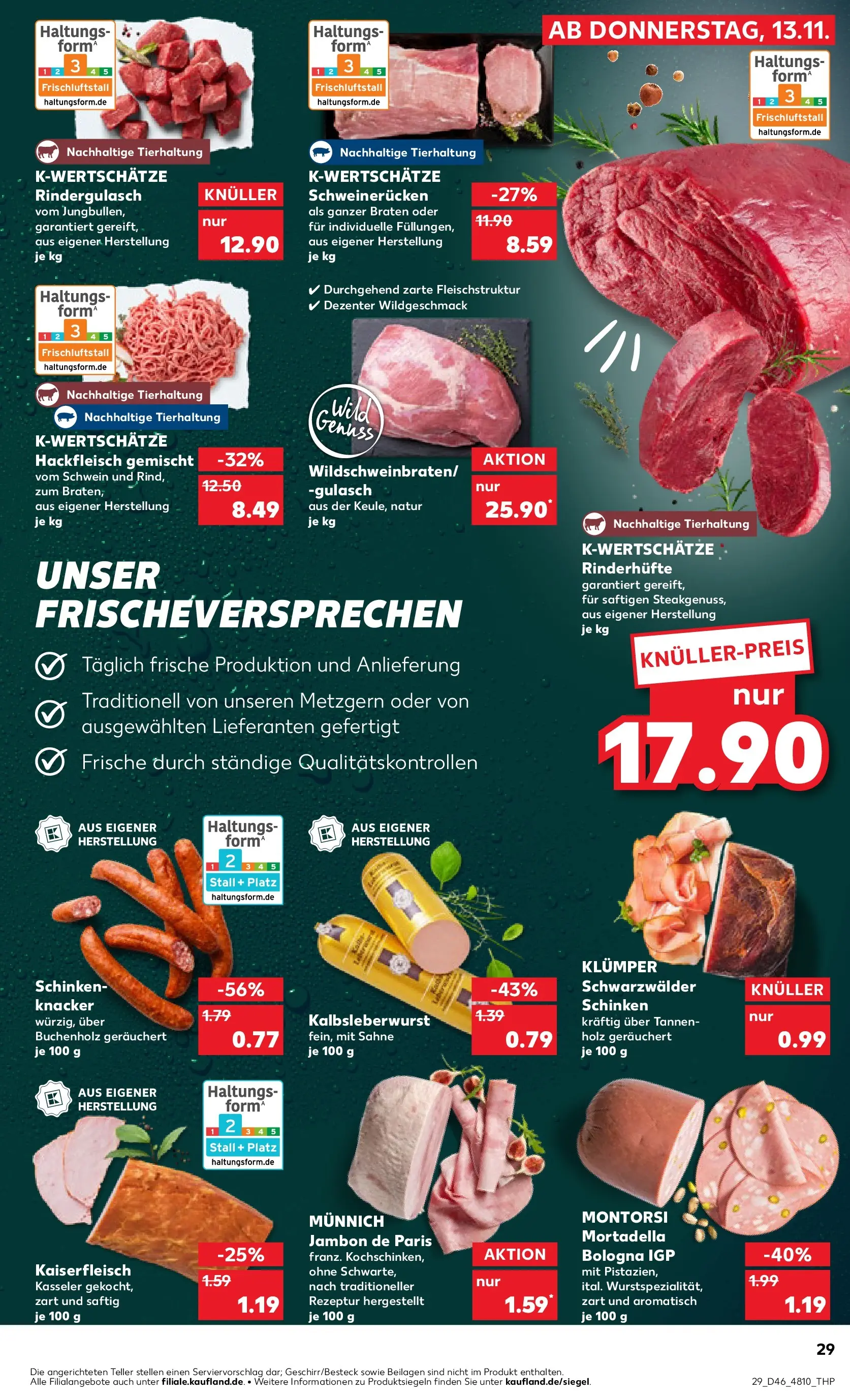 Prospekt Kaufland ab 13.11.2025 » Angebote Online zum Blättern | Seite: 29 | Produkte: Rindergulasch, Schweinerucken, Schinken, Hackfleisch