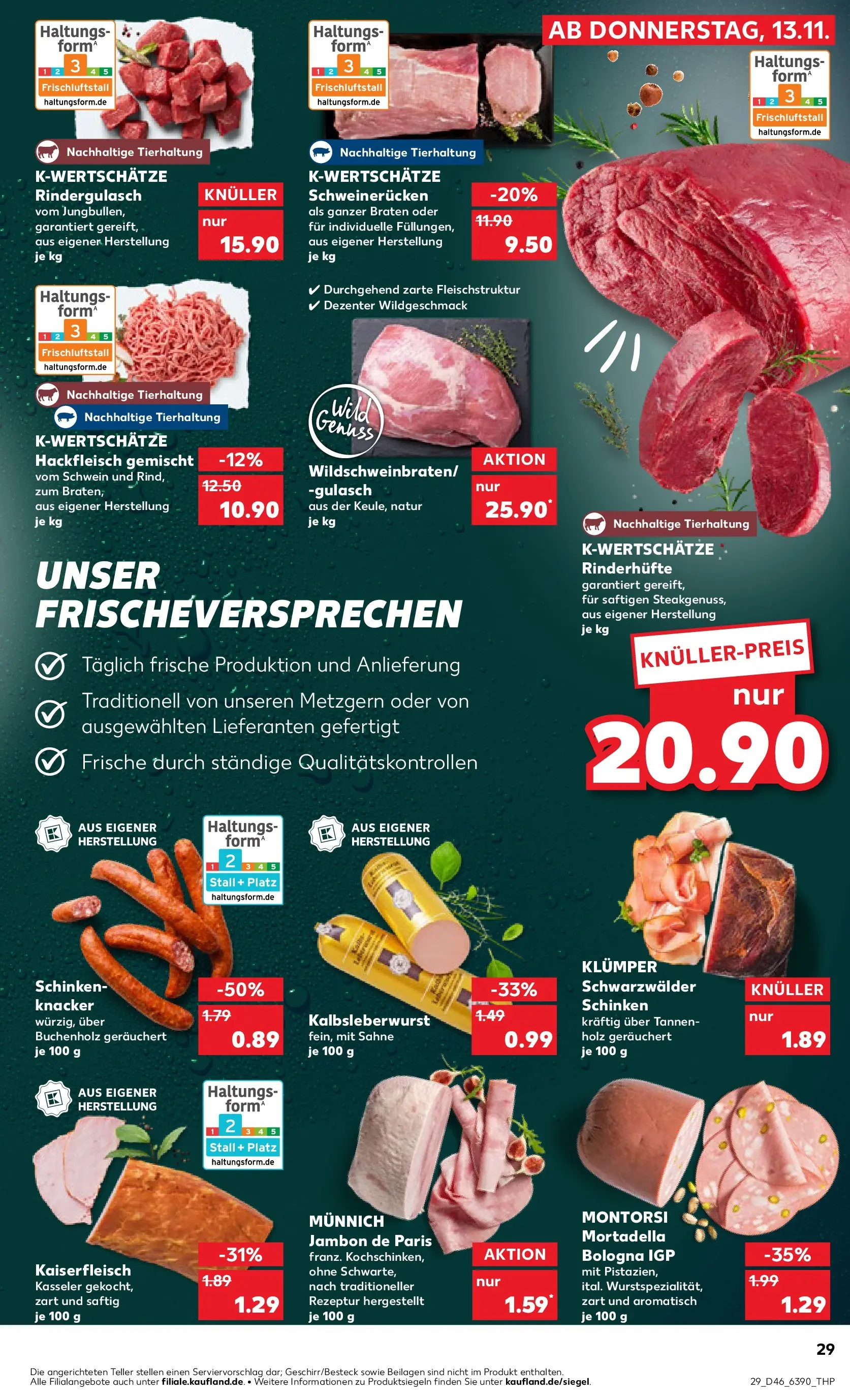 Prospekt Kaufland ab 13.11.2025 » Angebote Online zum Blättern | Seite: 29 | Produkte: Rindergulasch, Schweinerucken, Sahne, Hackfleisch