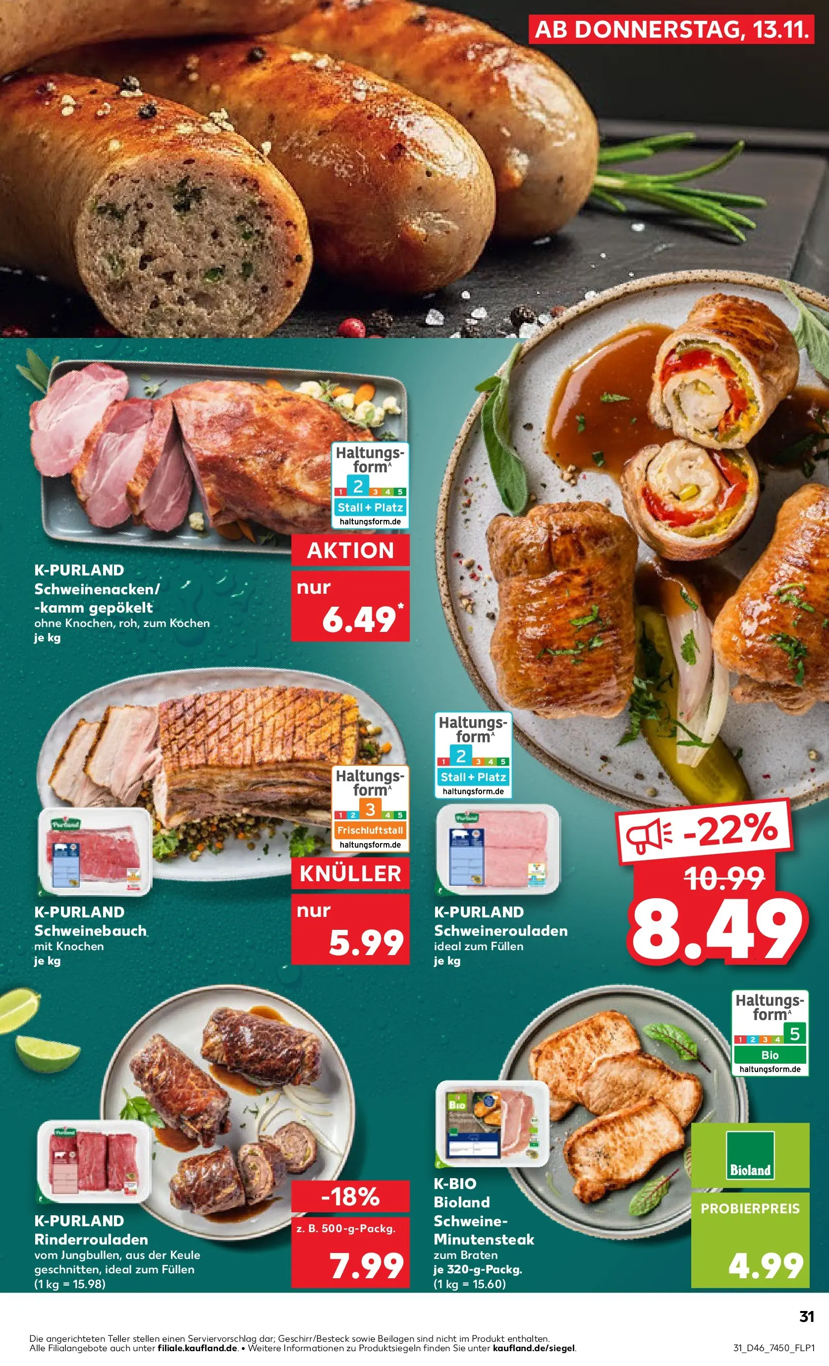 Prospekt Kaufland ab 13.11.2025 » Angebote Online zum Blättern | Seite: 31 | Produkte: Rinderrouladen, Schweinebauch, Steak