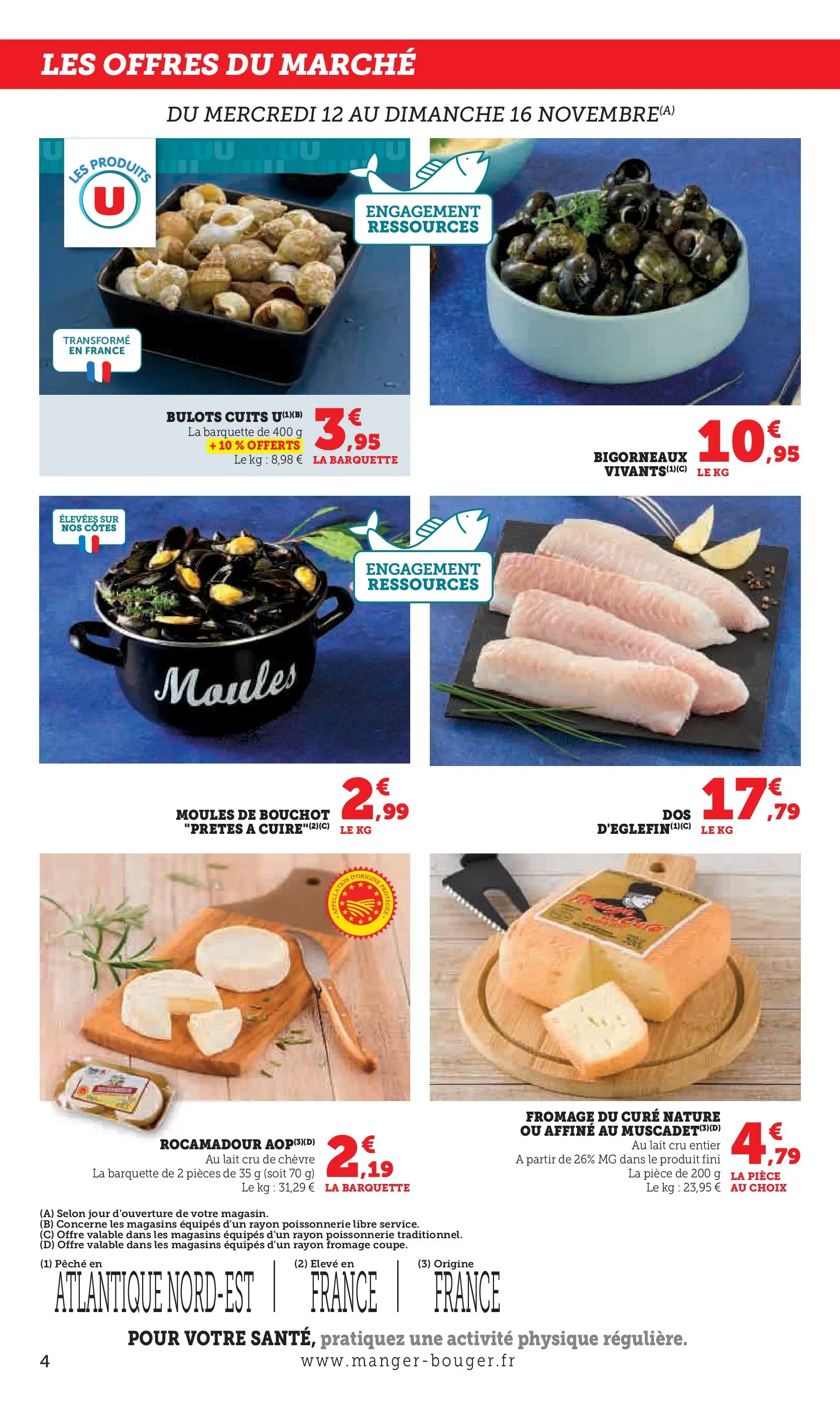 U Express - Le marché à prix bas ! à partir du 09/11/2025 - promo en ligne | Page: 4 | Produits: Bulots cuits, Pêche, Moules de bouchot, Fromage