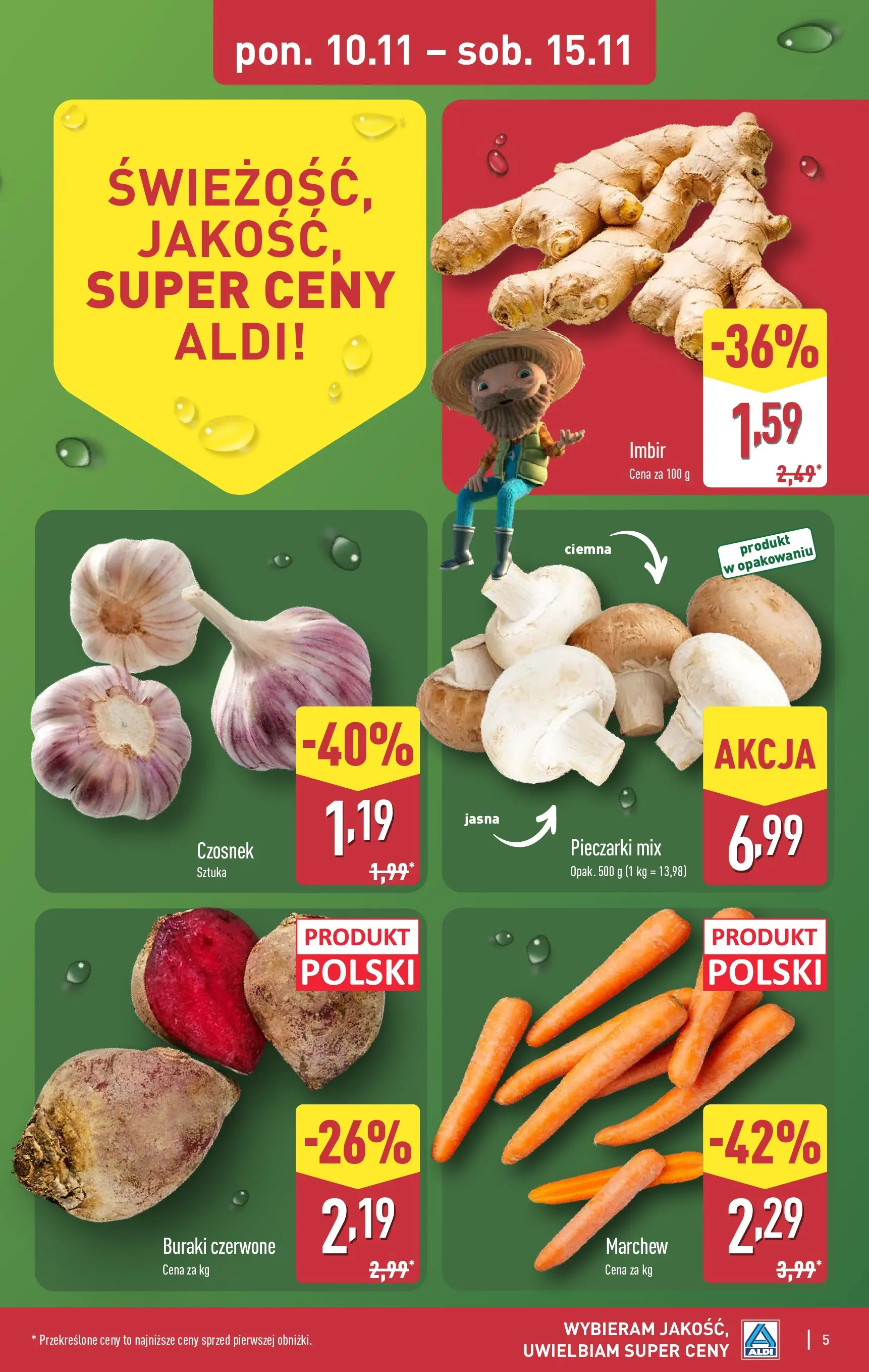 Aldi Gazetka od 10.11.2025 - Ulotka PDF, promocje | Strona: 5 | Produkty: Czosnek, Imbir, Pieczarki, Buraki