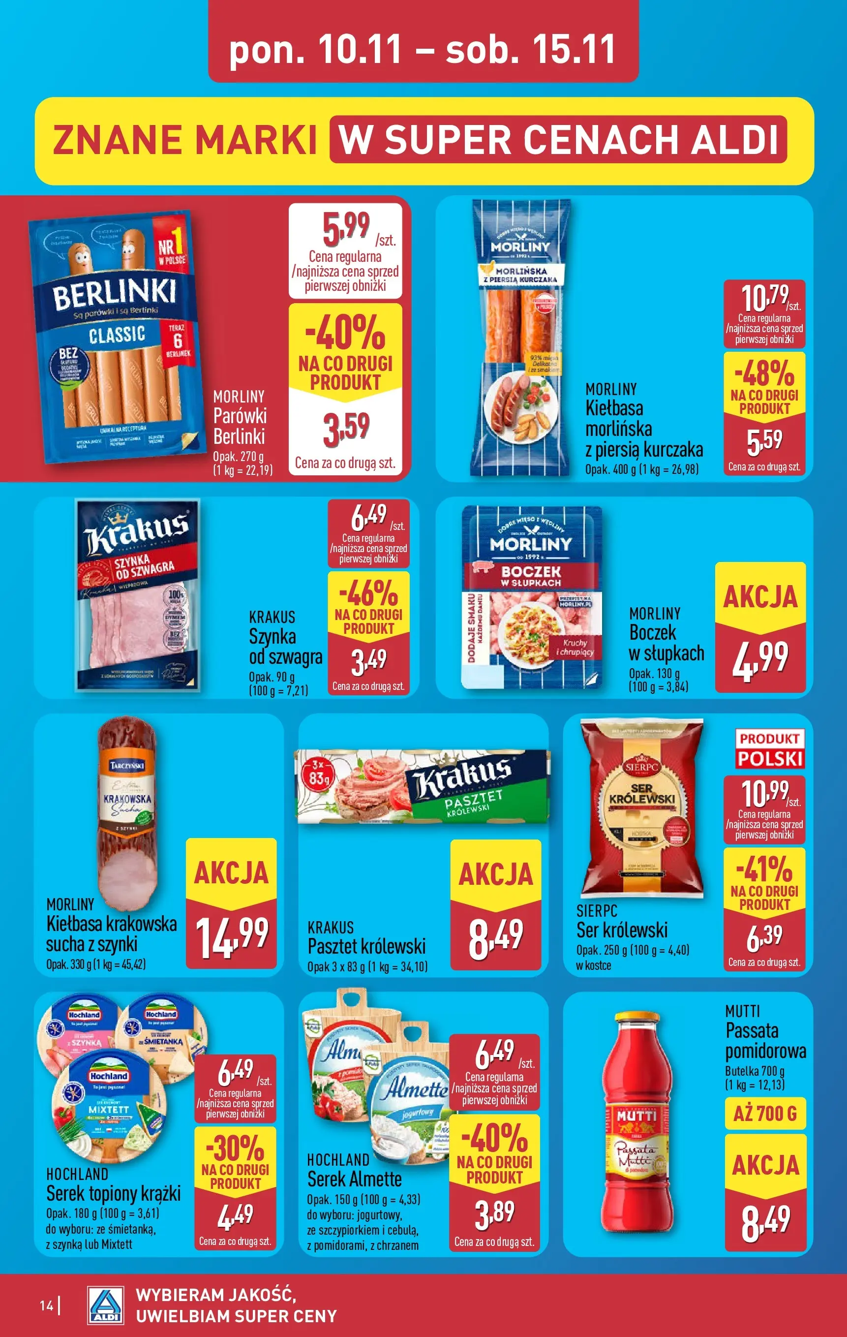 Aldi Gazetka od 10.11.2025 - Ulotka PDF, promocje | Strona: 14 | Produkty: Kiełbasa, Serek, Parówki, Boczek