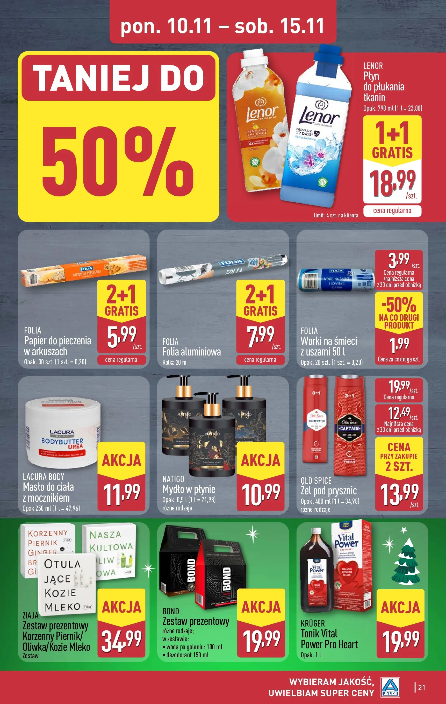Aldi Gazetka od 10.11.2025 - Ulotka PDF, promocje | Strona: 21 | Produkty: Mleko, Żel pod prysznic, Lenor płyn do płukania, Old spice