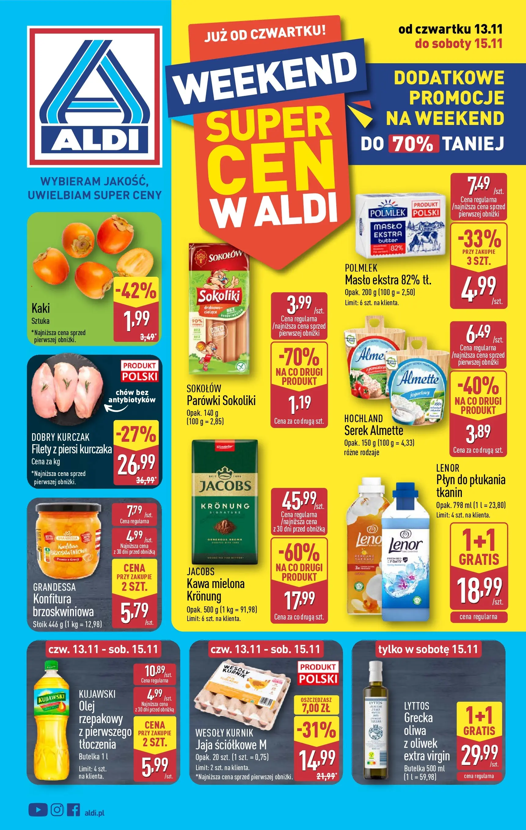 Aldi Gazetka - Okazje na weekend od 13.11.2025 - Ulotka PDF, promocje | Strona: 1 | Produkty: Kaki, Kurczak, Parówki sokoliki, Parówki
