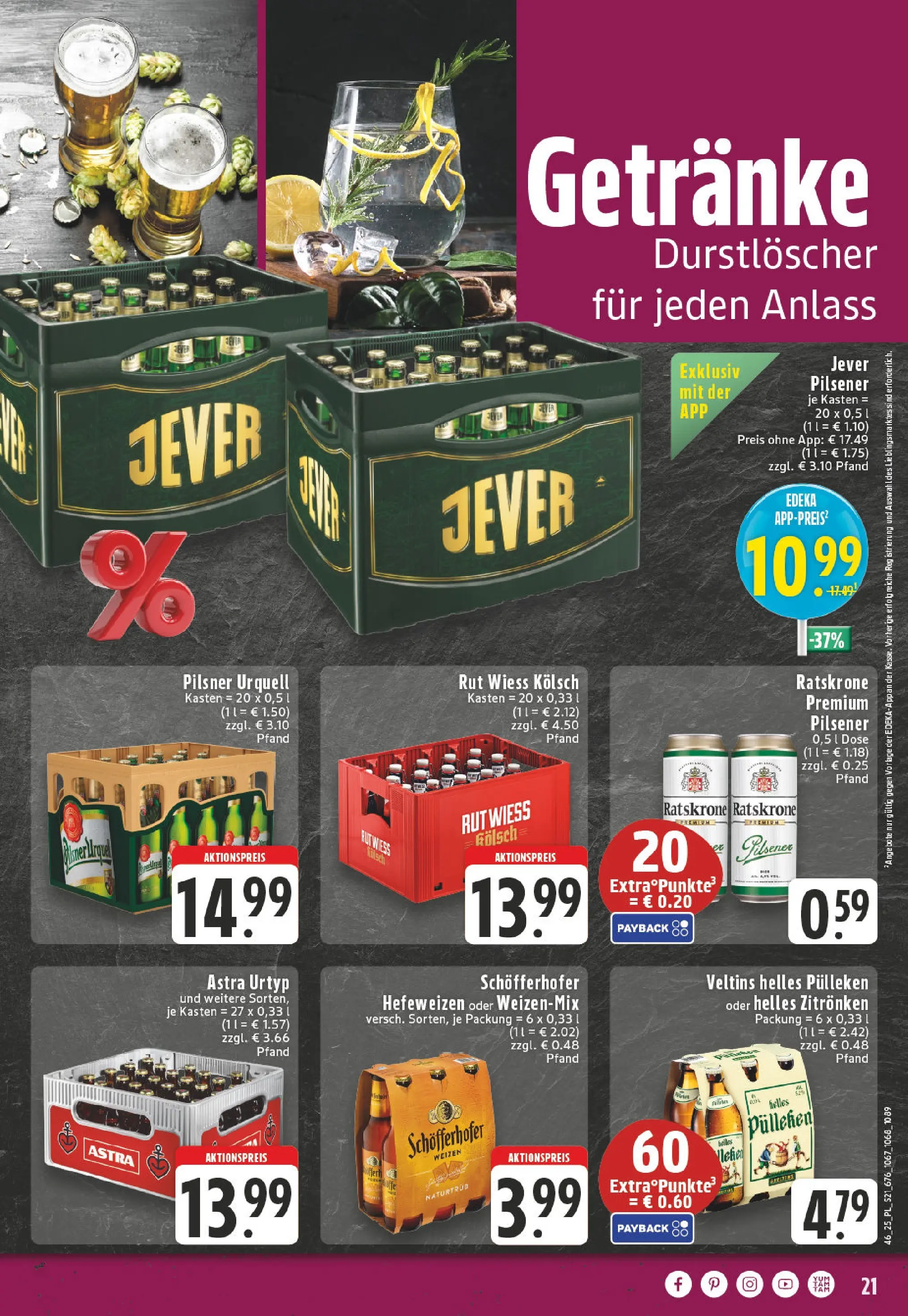 Edeka prospekt Linnich	 (ab 09.11.2025) » Angebote Online | Seite: 21 | Produkte: Durstloscher, Pilsner urquell, Jever, Veltins