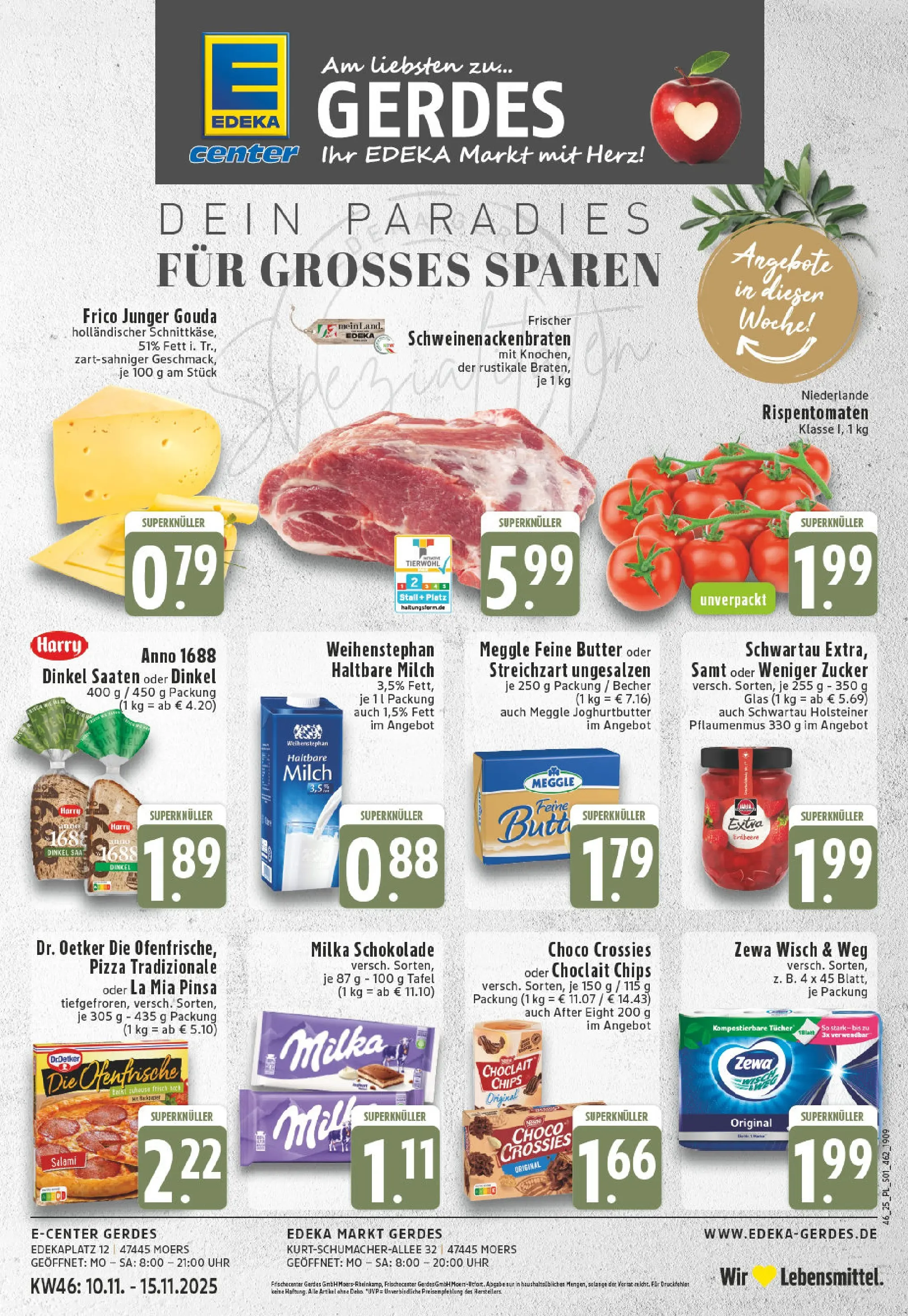 Edeka prospekt Moers-Rheinkamp	 (ab 10.11.2025) » Angebote Online | Seite: 1 | Produkte: Milka schokolade, Haltbare milch, Chips, Uhr