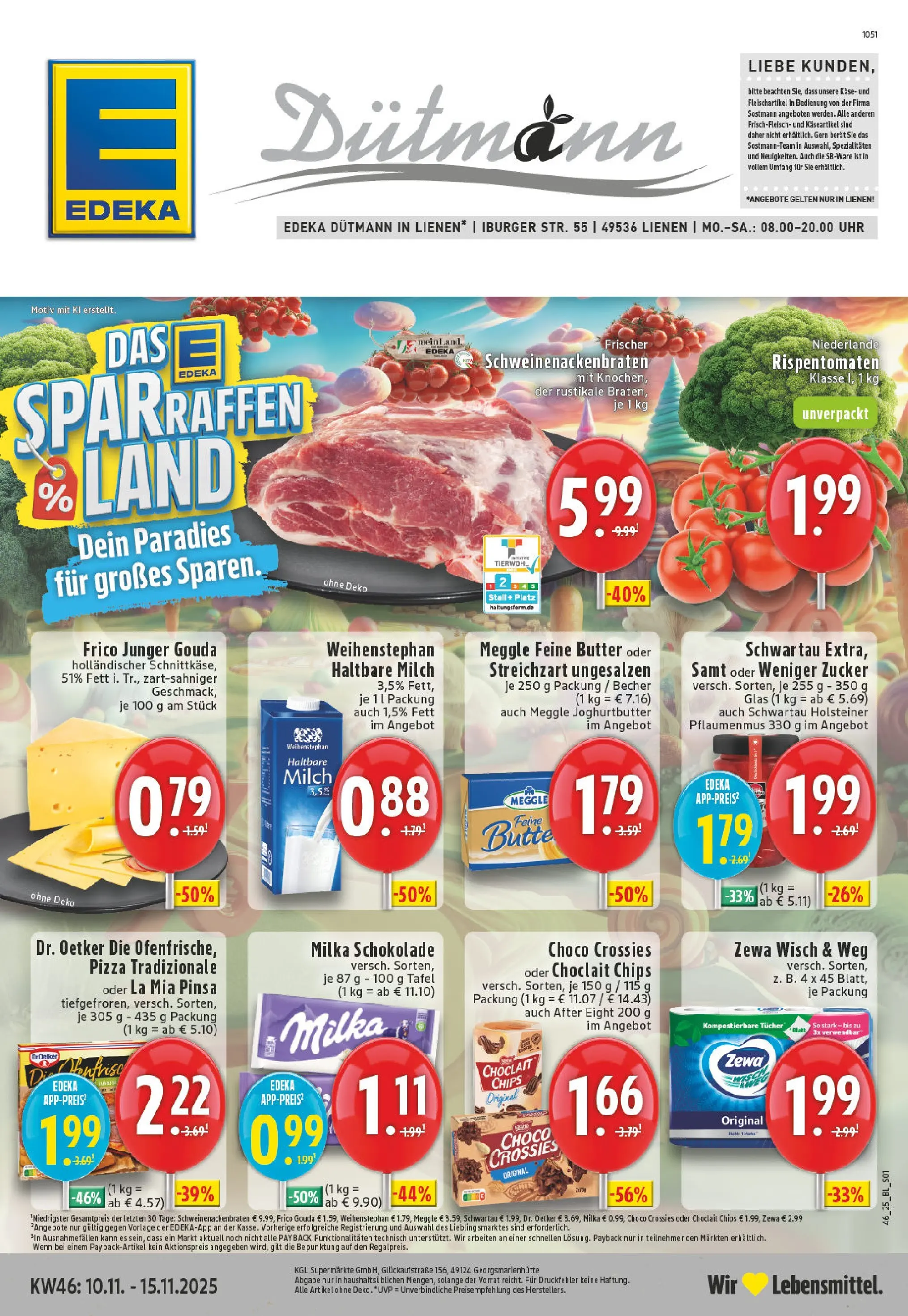 Edeka prospekt Lienen	 (ab 10.11.2025) » Angebote Online | Seite: 1 | Produkte: Milch, Butter, Milka schokolade, Uhr