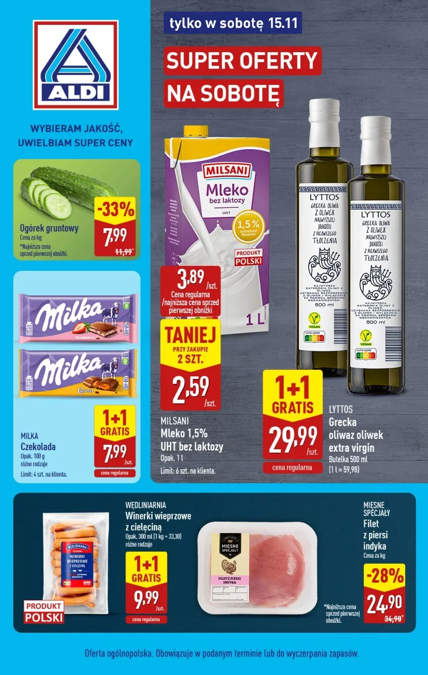 Aldi Gazetka - Tylko w sobotę od 15.11.2025 - Ulotka PDF, promocje | Strona: 1 | Produkty: Bez laktozy, Piersi, Mleko, Czekolada