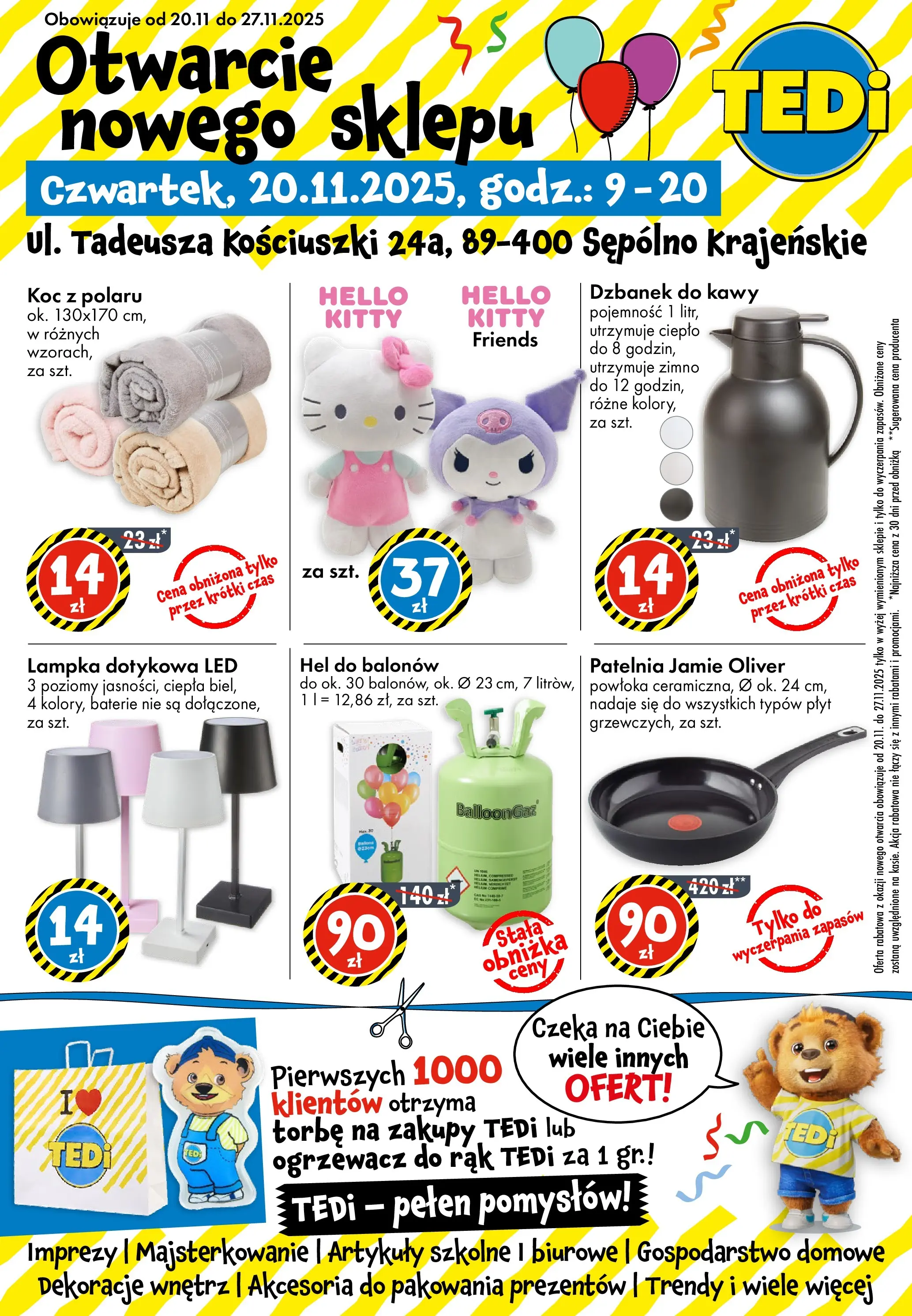 TEDi Gazetka - Sępólno Krajeńskie od (20.11.2025 - 27.11.2025) | Strona: 1 | Produkty: Dzbanek, Koc, Patelnia, Artykuły szkolne
