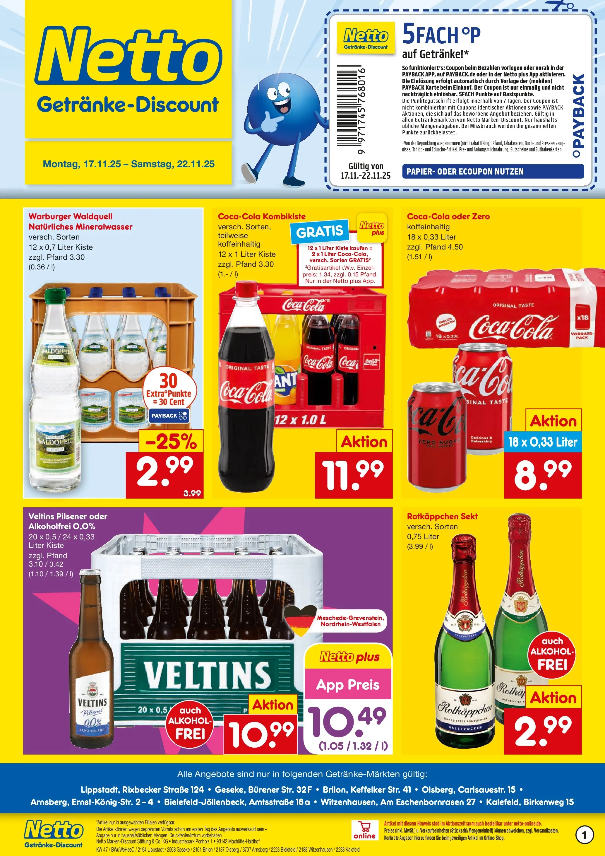 Netto Marken-Discount prospekt Brilon	 (ab 17.11.2025) » Angebote | Seite: 1 | Produkte: Rotkappchen sekt, Mineralwasser, Rotkäppchen, Veltins