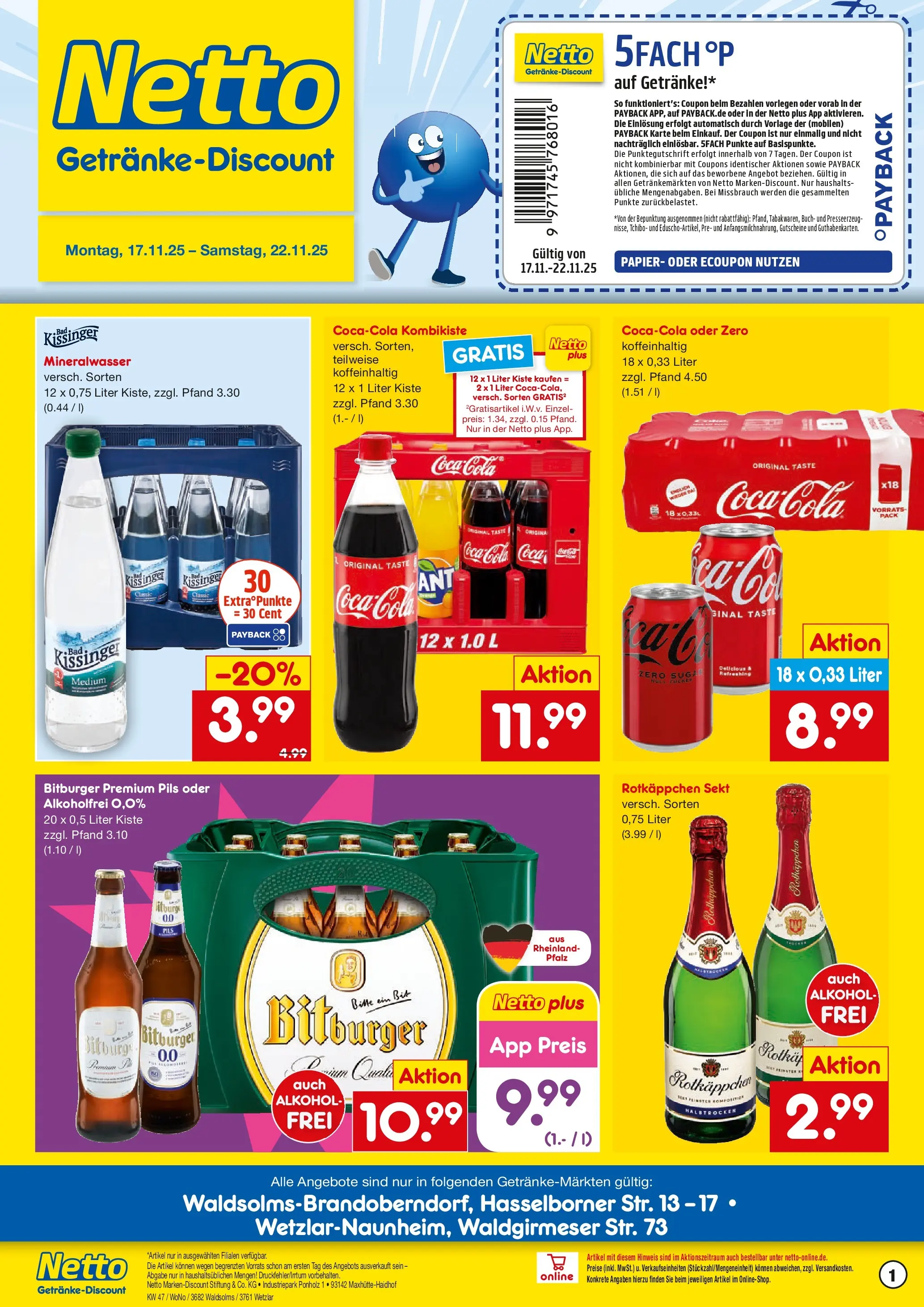 Netto Marken-Discount prospekt Wetzlar-Naunheim	 (ab 17.11.2025) » Angebote | Seite: 1 | Produkte: Bitburger, Cola, Pils, Rotkäppchen