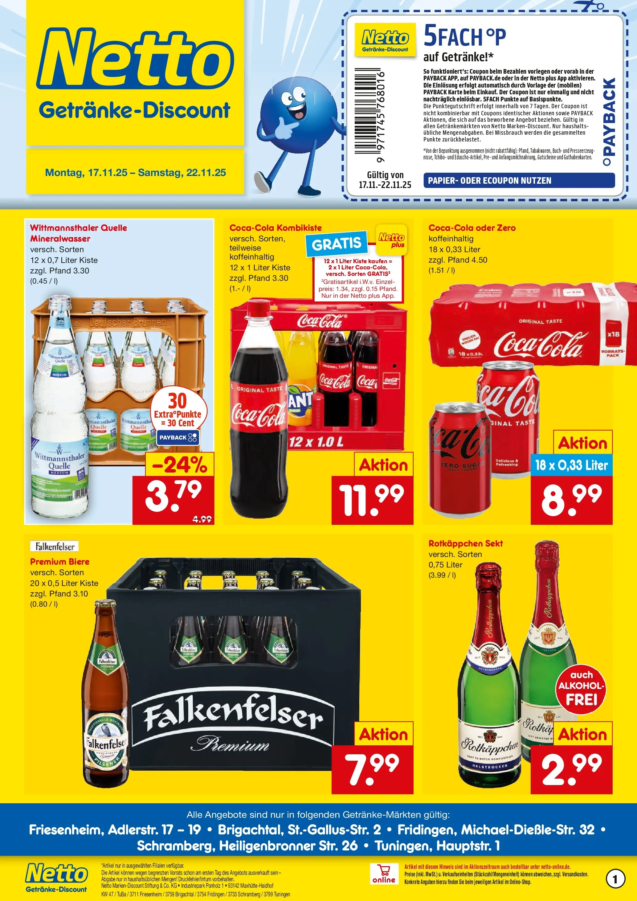 Netto Marken-Discount prospekt Brigachtal	 (ab 17.11.2025) » Angebote | Seite: 1 | Produkte: Coca cola, Sekt, Mineralwasser, Rotkäppchen