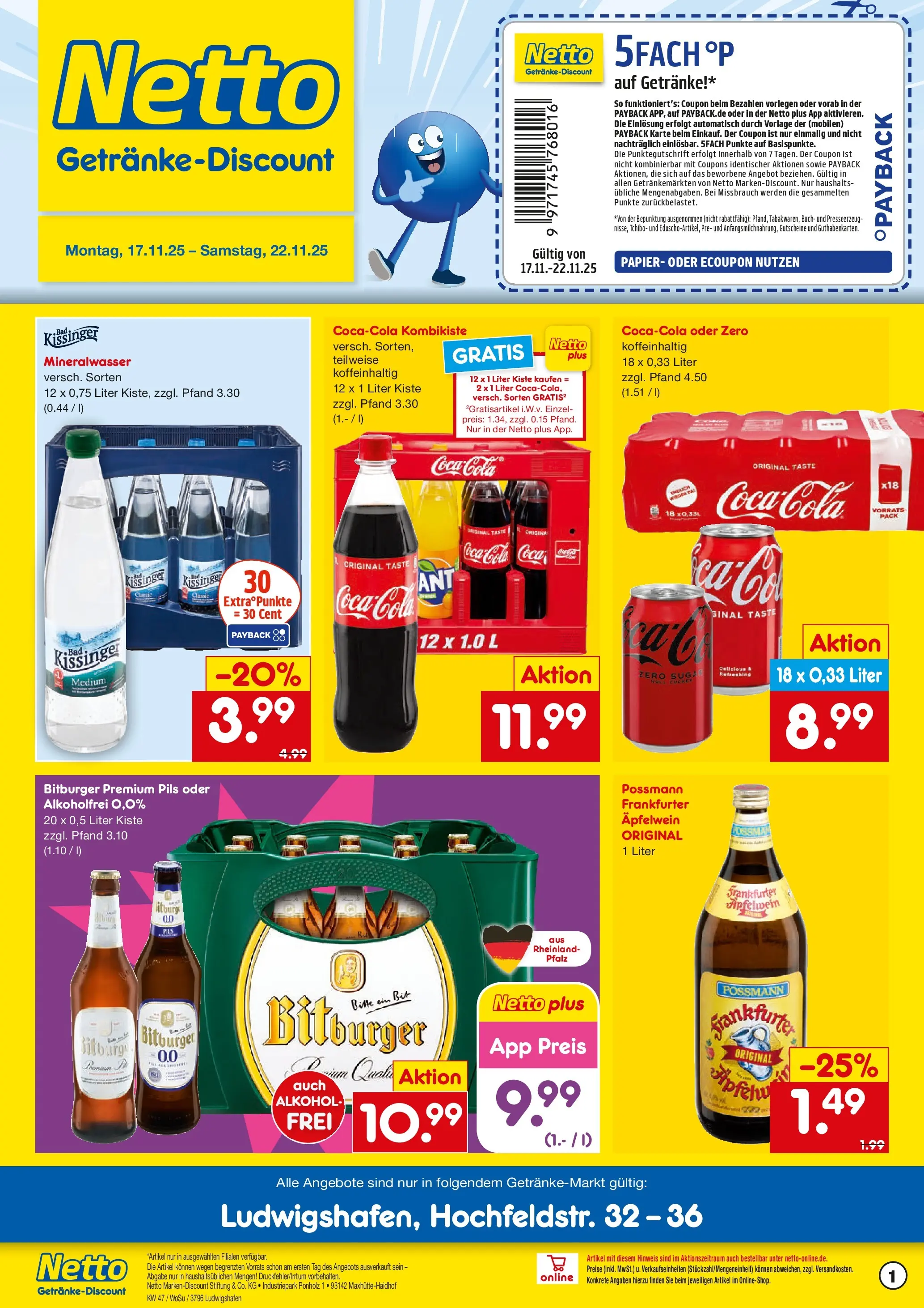 Netto Marken-Discount prospekt Ludwigshafen	 (ab 17.11.2025) » Angebote | Seite: 1 | Produkte: Bitburger, Coca cola, Bad, Pils