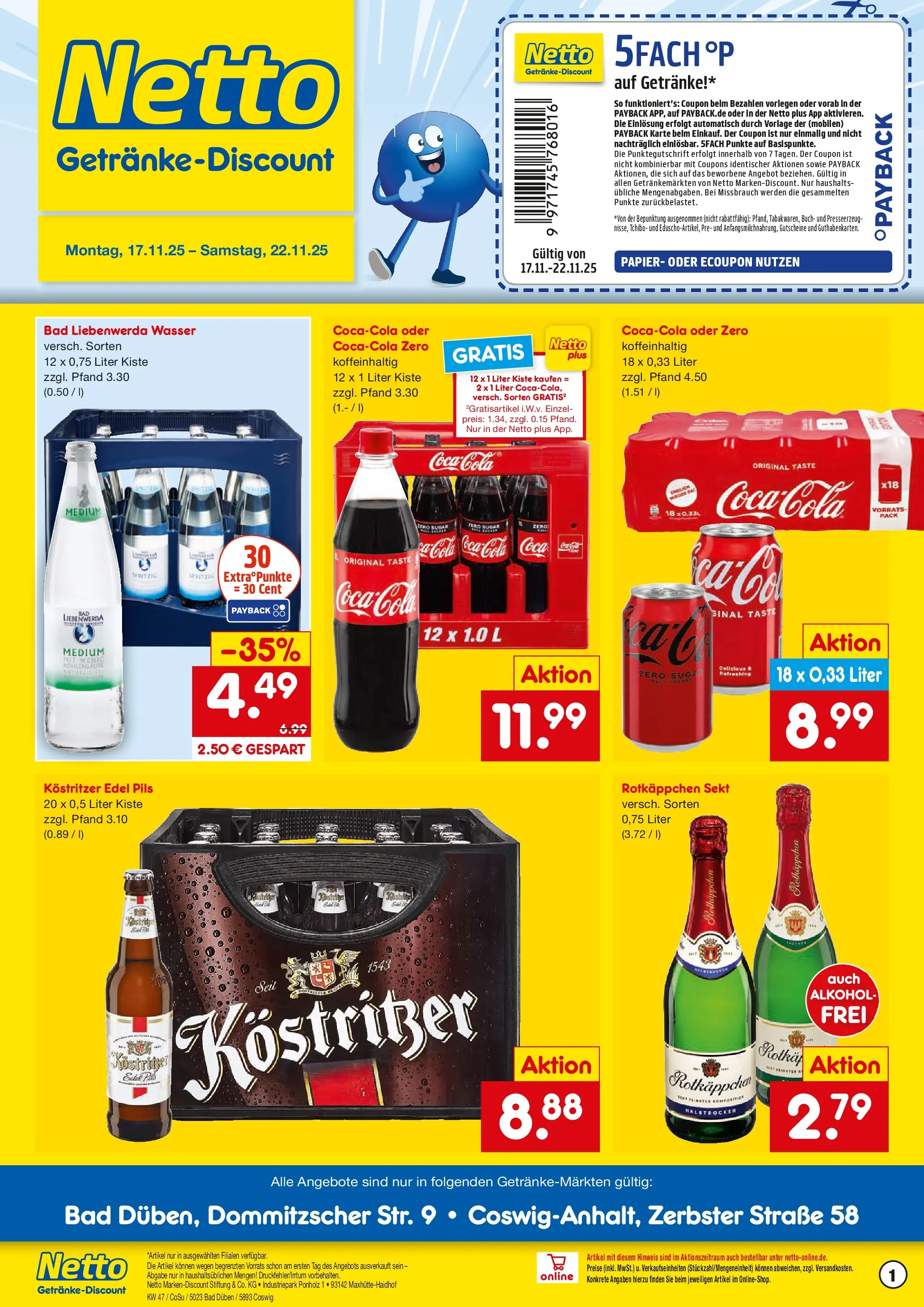 Netto Marken-Discount prospekt Bad Düben	 (ab 17.11.2025) » Angebote | Seite: 1 | Produkte: Kostritzer, Sekt, Pils, Wasser
