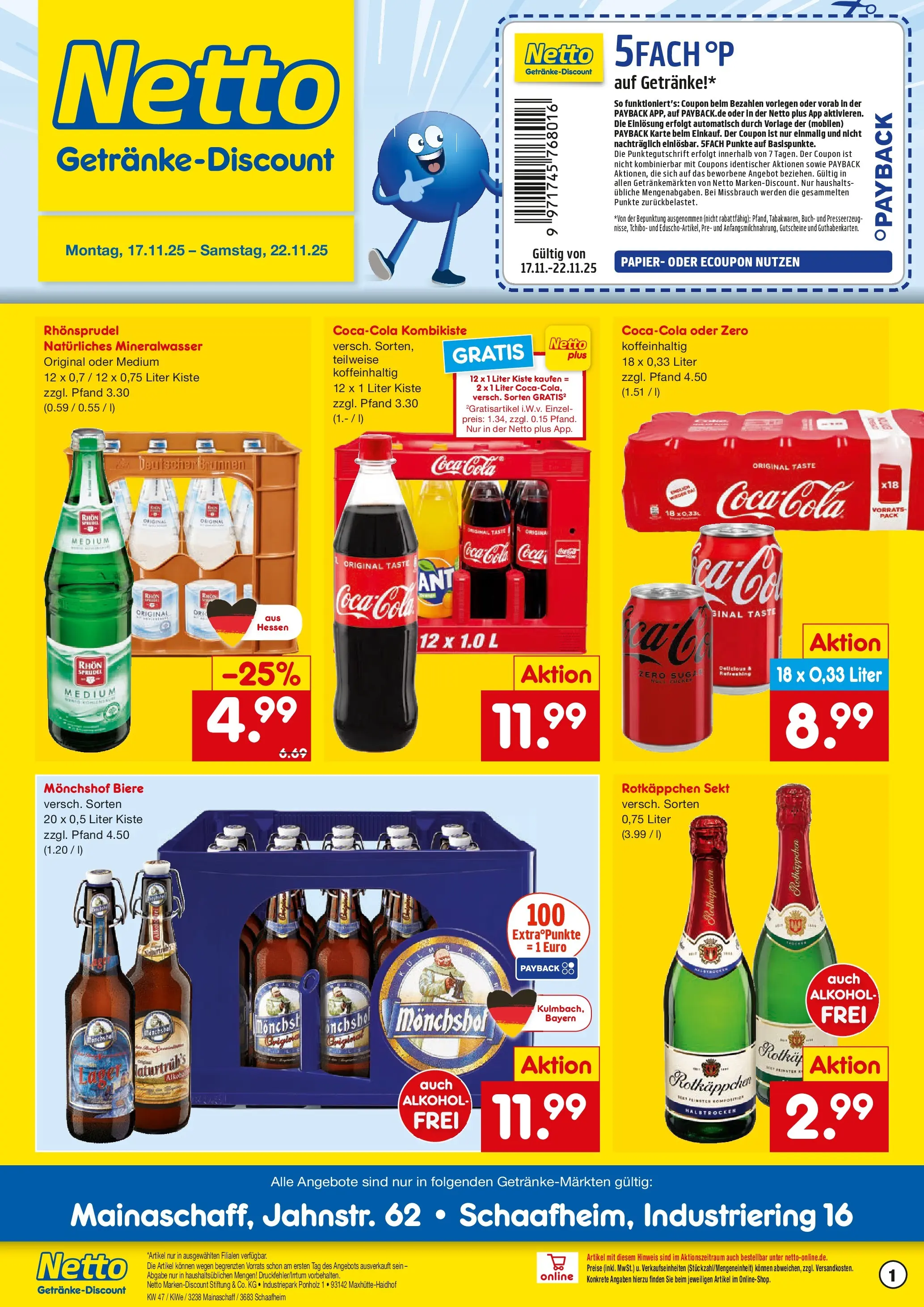 Netto Marken-Discount prospekt Schaafheim	 (ab 17.11.2025) » Angebote | Seite: 1 | Produkte: Coca cola, Cola, Sekt, Mineralwasser