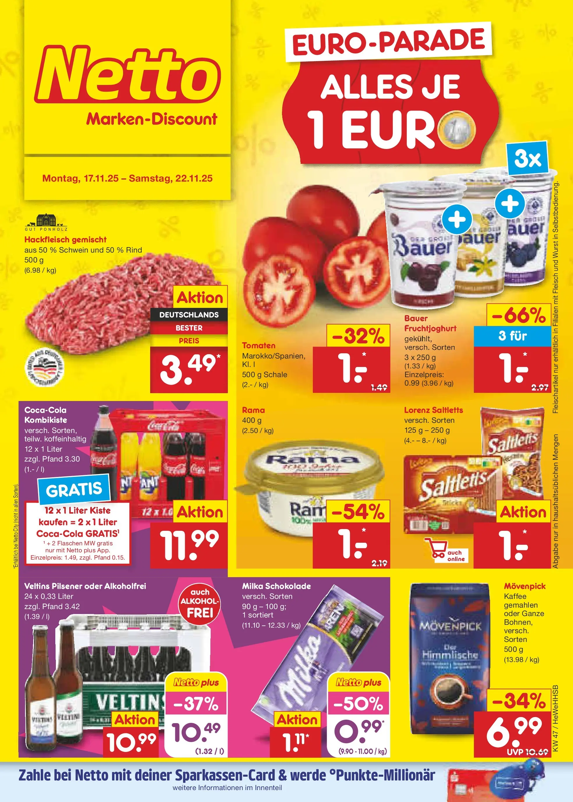 Netto Marken-Discount prospekt Brietlingen	 (ab 16.11.2025) » Angebote | Seite: 1 | Produkte: Schokolade, Tomaten, Veltins, Hackfleisch
