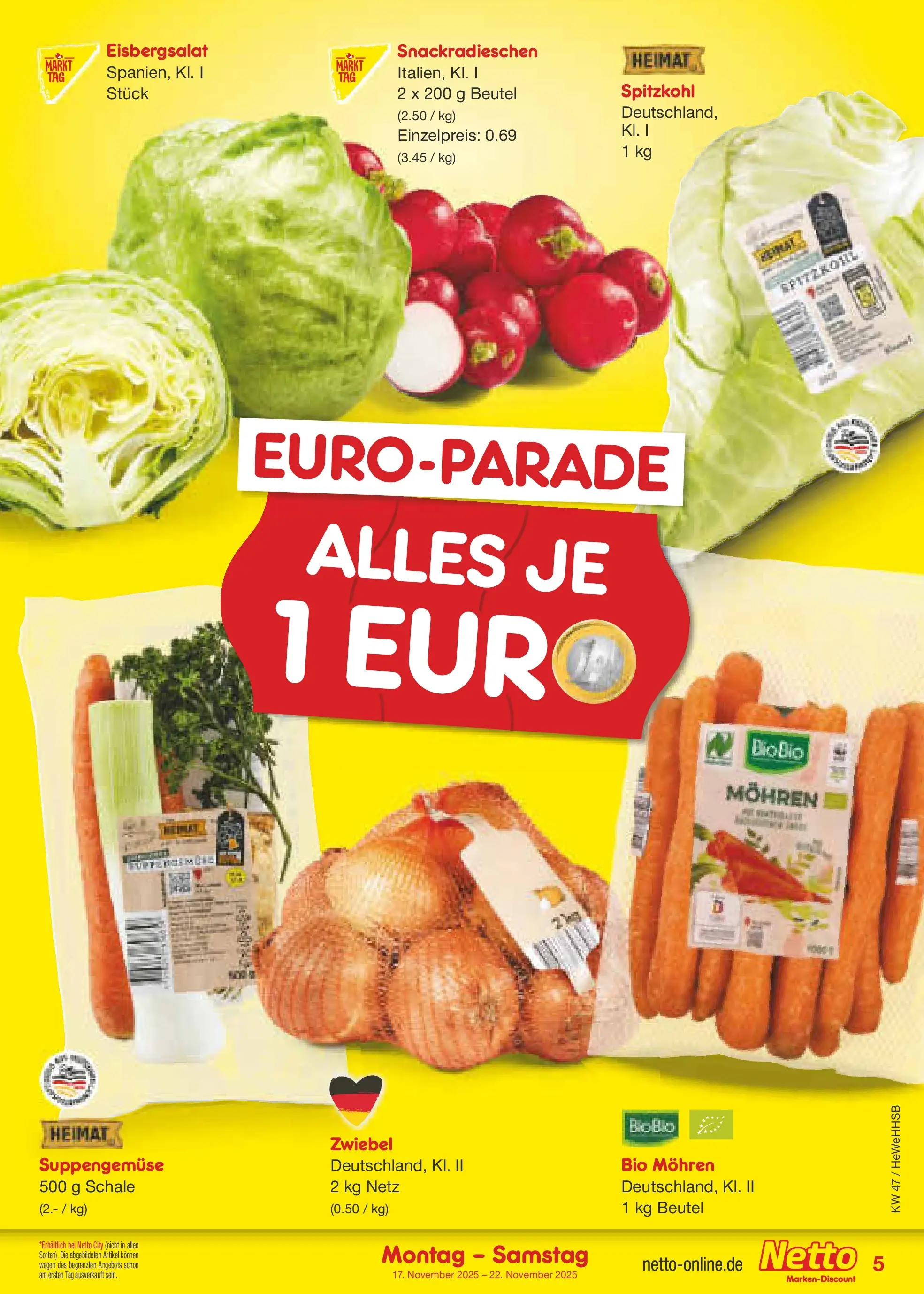 Netto Marken-Discount prospekt Brietlingen	 (ab 16.11.2025) » Angebote | Seite: 5 | Produkte: Eisbergsalat, Mohren