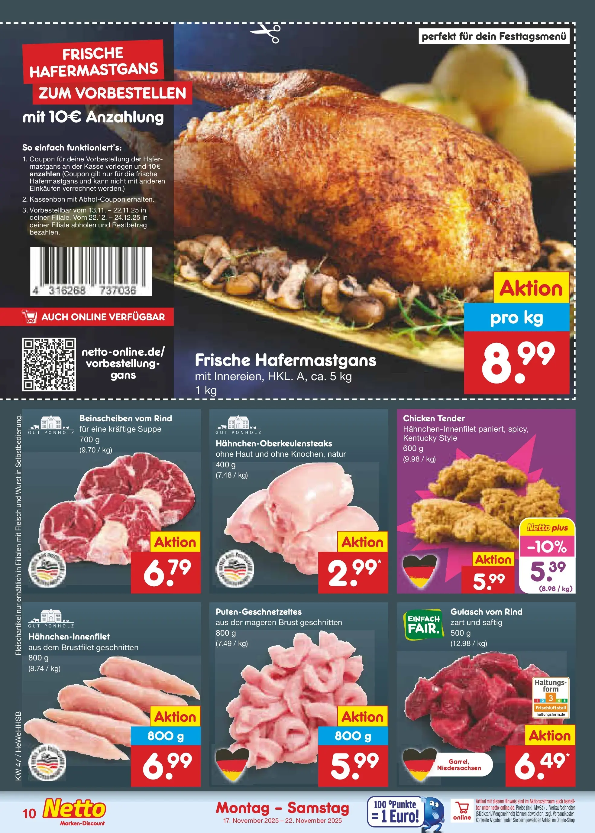 Netto Marken-Discount prospekt Brietlingen	 (ab 16.11.2025) » Angebote | Seite: 10 | Produkte: Gulasch, Wurst, Fleisch