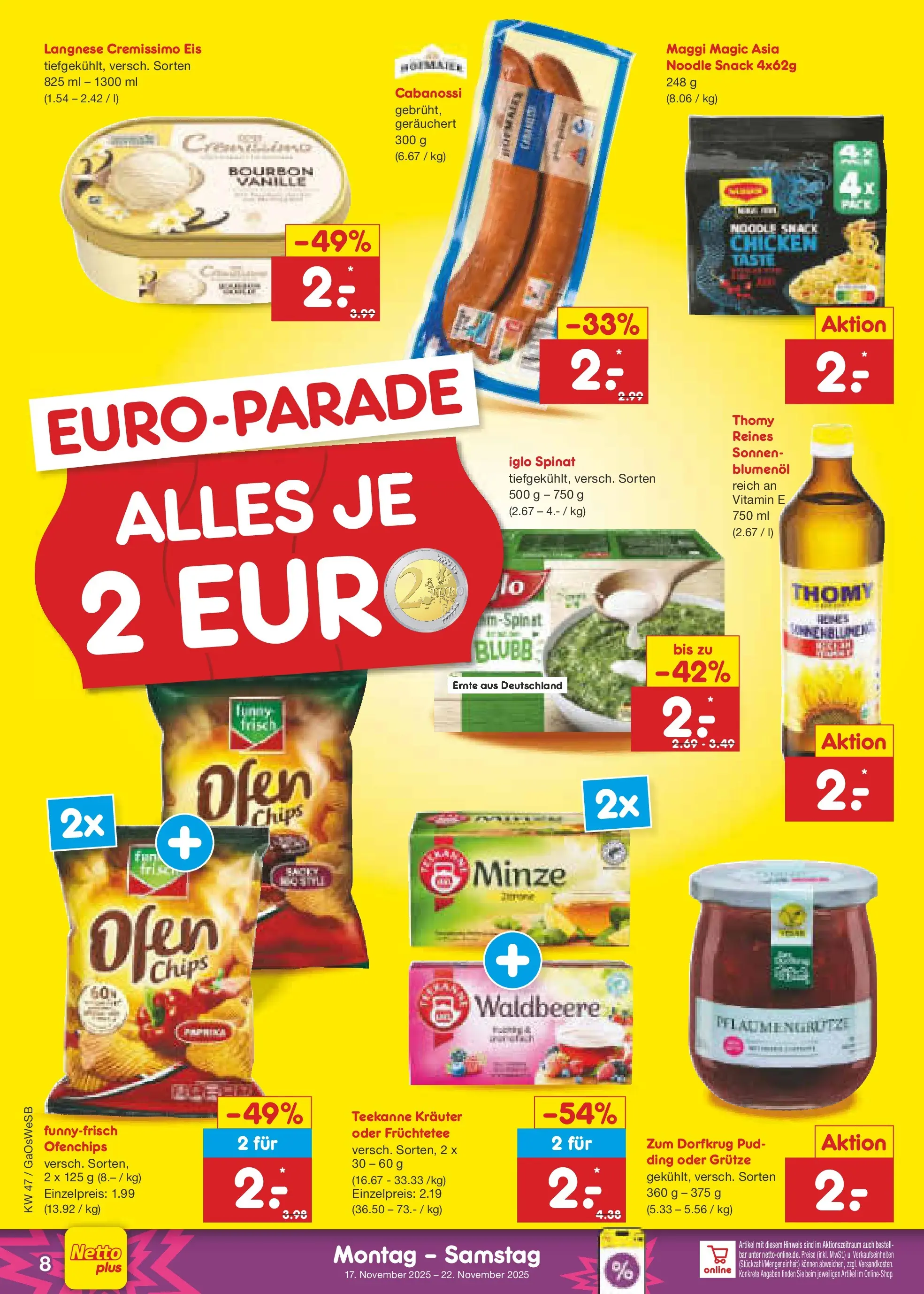 Netto Marken-Discount prospekt Moormerland	 (ab 17.11.2025) » Angebote | Seite: 8 | Produkte: Ofen, Langnese cremissimo, Funny frisch, Chips