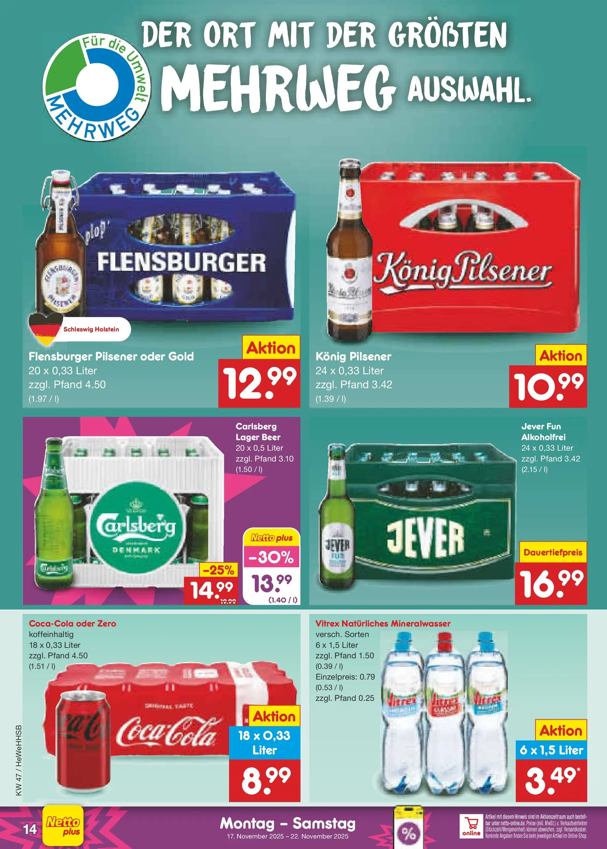 Netto Marken-Discount prospekt Brietlingen	 (ab 16.11.2025) » Angebote | Seite: 14 | Produkte: Carlsberg, Mineralwasser, Flensburger, Jever