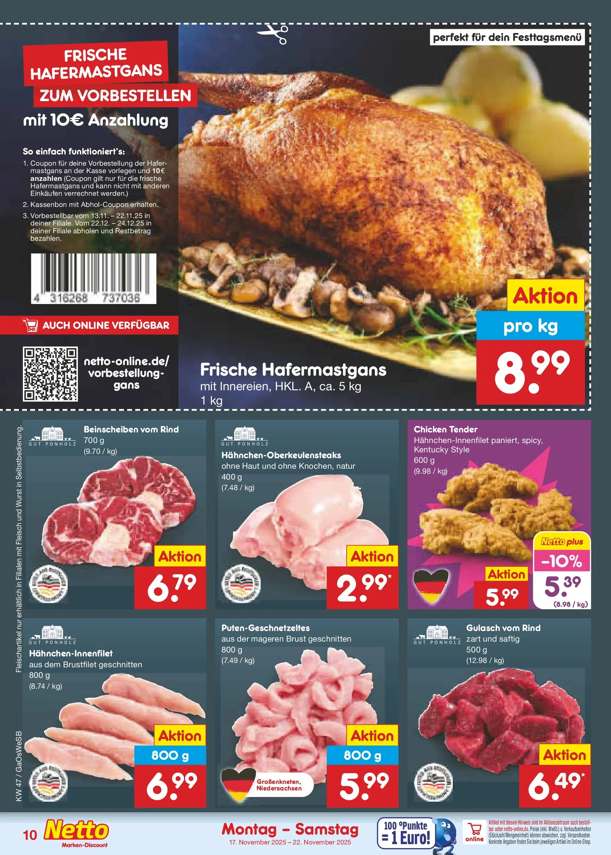 Netto Marken-Discount prospekt Moormerland	 (ab 17.11.2025) » Angebote | Seite: 10 | Produkte: Gulasch, Wurst, Fleisch