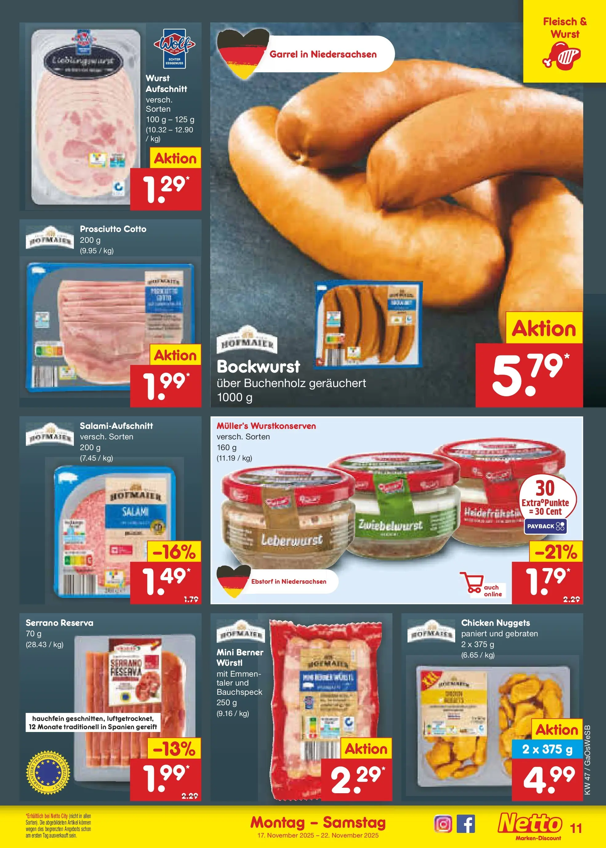 Netto Marken-Discount prospekt Moormerland	 (ab 17.11.2025) » Angebote | Seite: 11 | Produkte: Bockwurst, Wurst, Salami, Fleisch