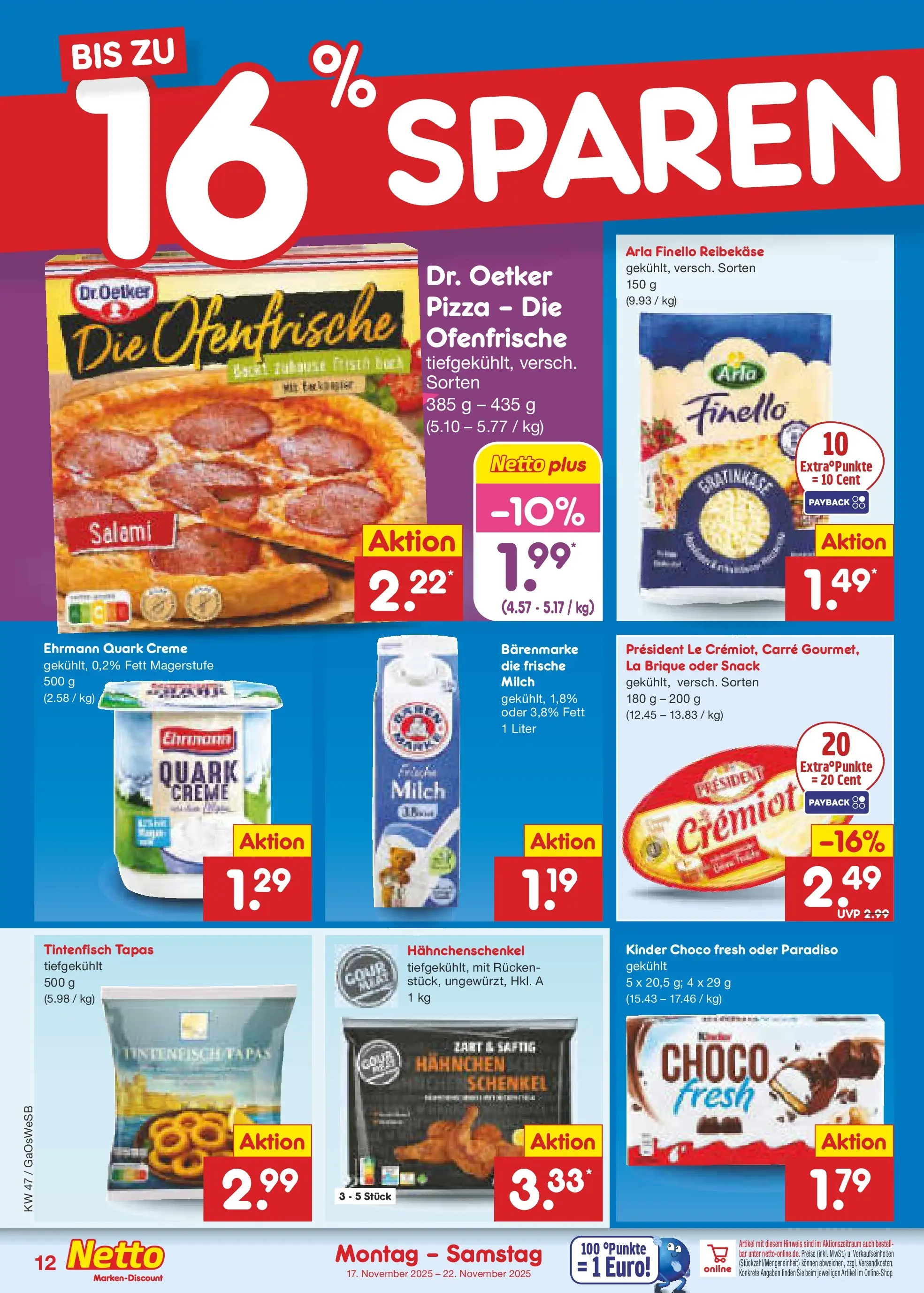 Netto Marken-Discount prospekt Moormerland	 (ab 17.11.2025) » Angebote | Seite: 12 | Produkte: Hahnchenschenkel, Milch, Ofenfrische, Pizza